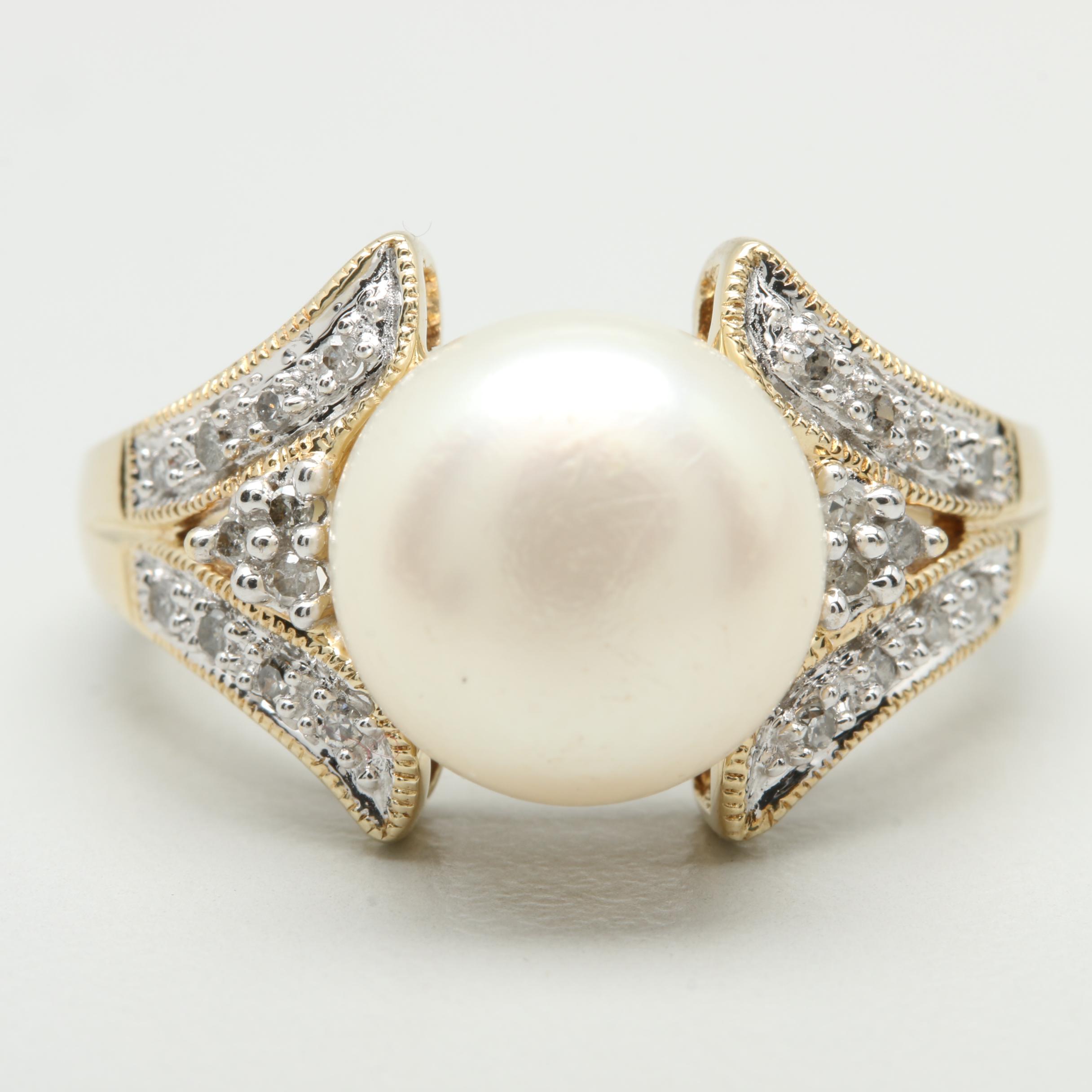 10K Yellow Gold Cultured Pearl and Diamond Ring with White Gold Accents