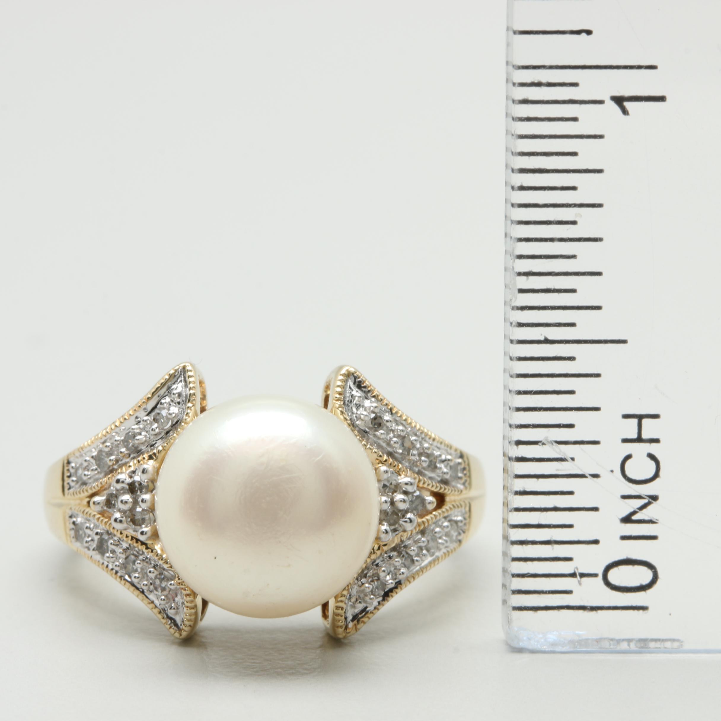 10K Yellow Gold Cultured Pearl and Diamond Ring with White Gold Accents