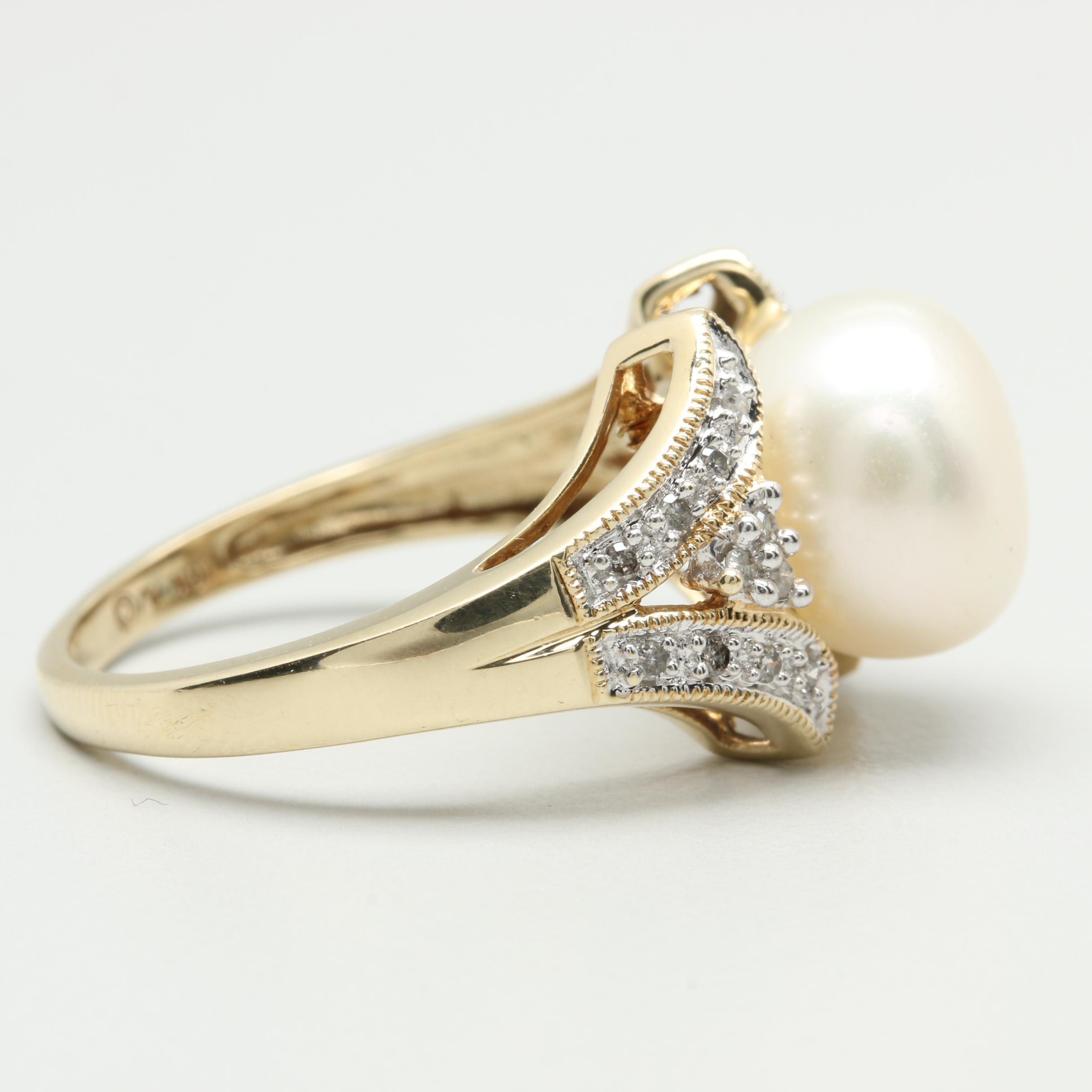 10K Yellow Gold Cultured Pearl and Diamond Ring with White Gold Accents