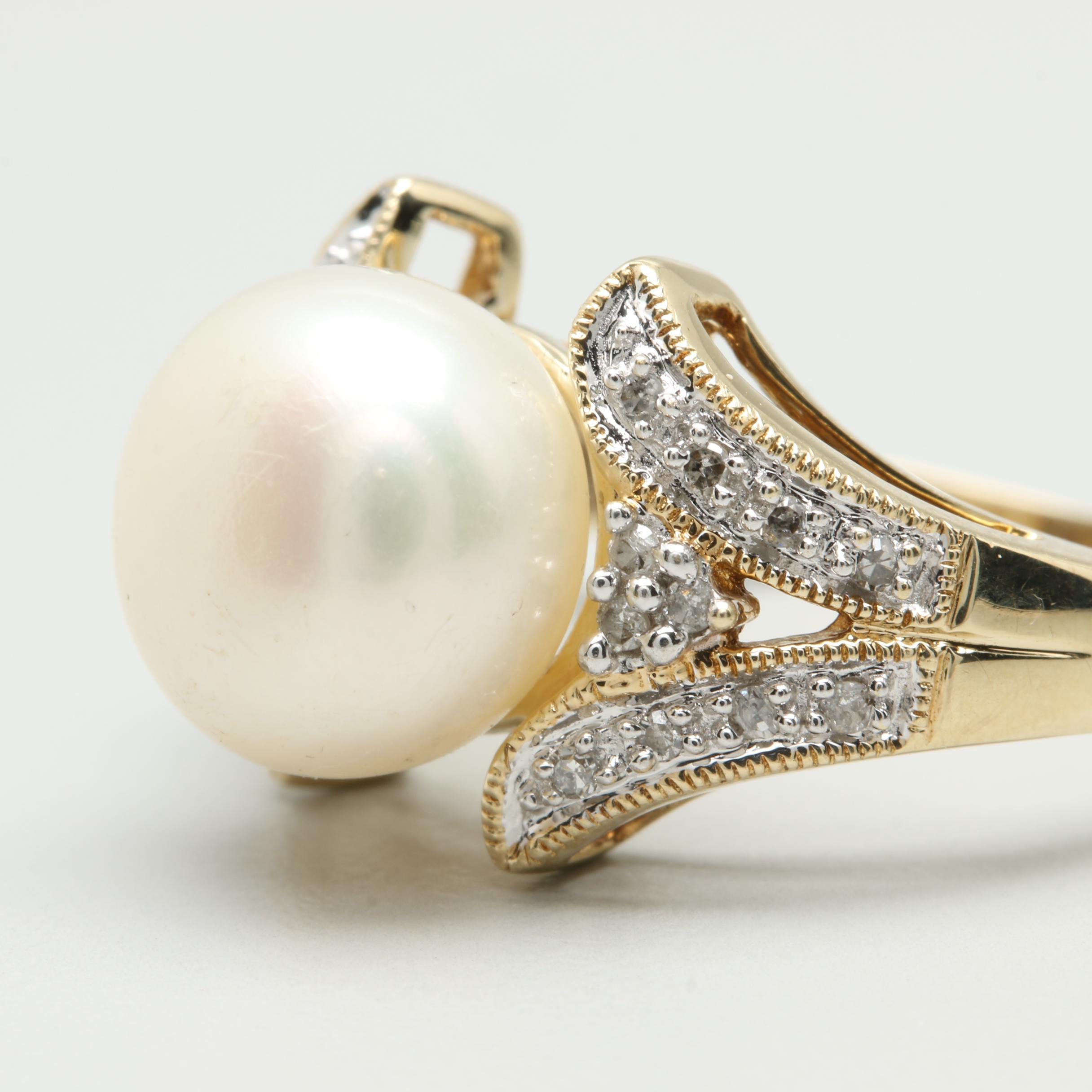 10K Yellow Gold Cultured Pearl and Diamond Ring with White Gold Accents
