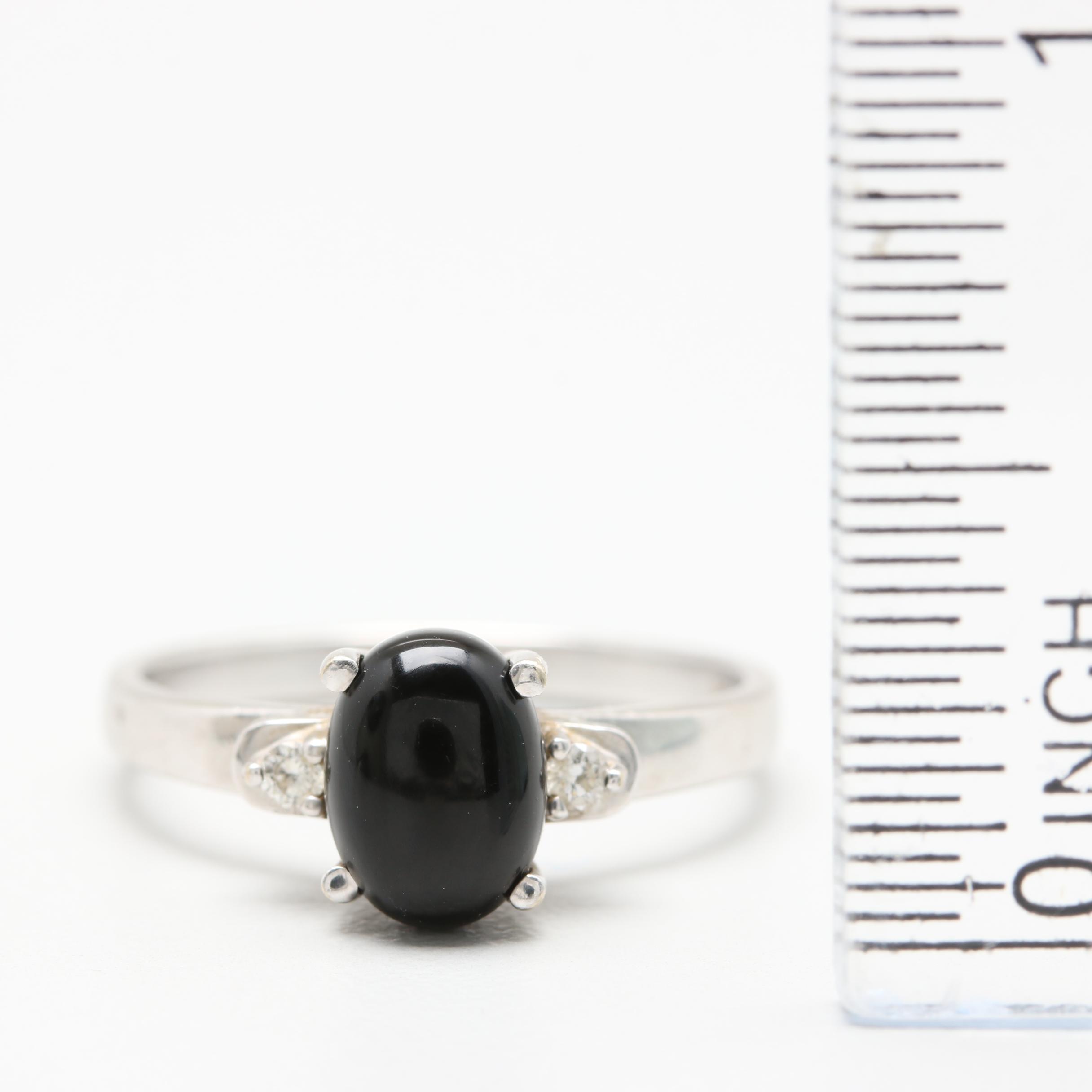 14K White Gold Black Onyx and Diamond Ring