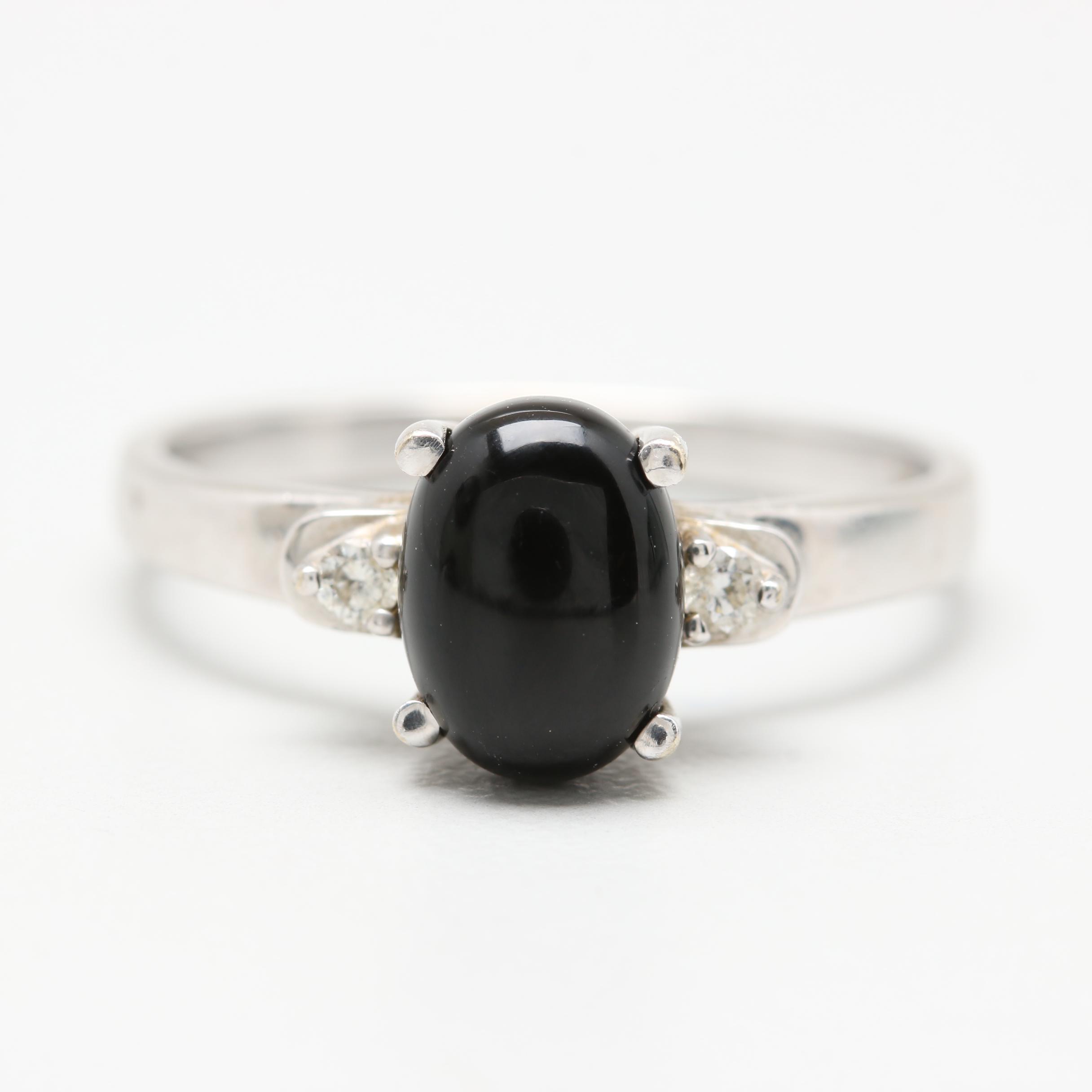 14K White Gold Black Onyx and Diamond Ring