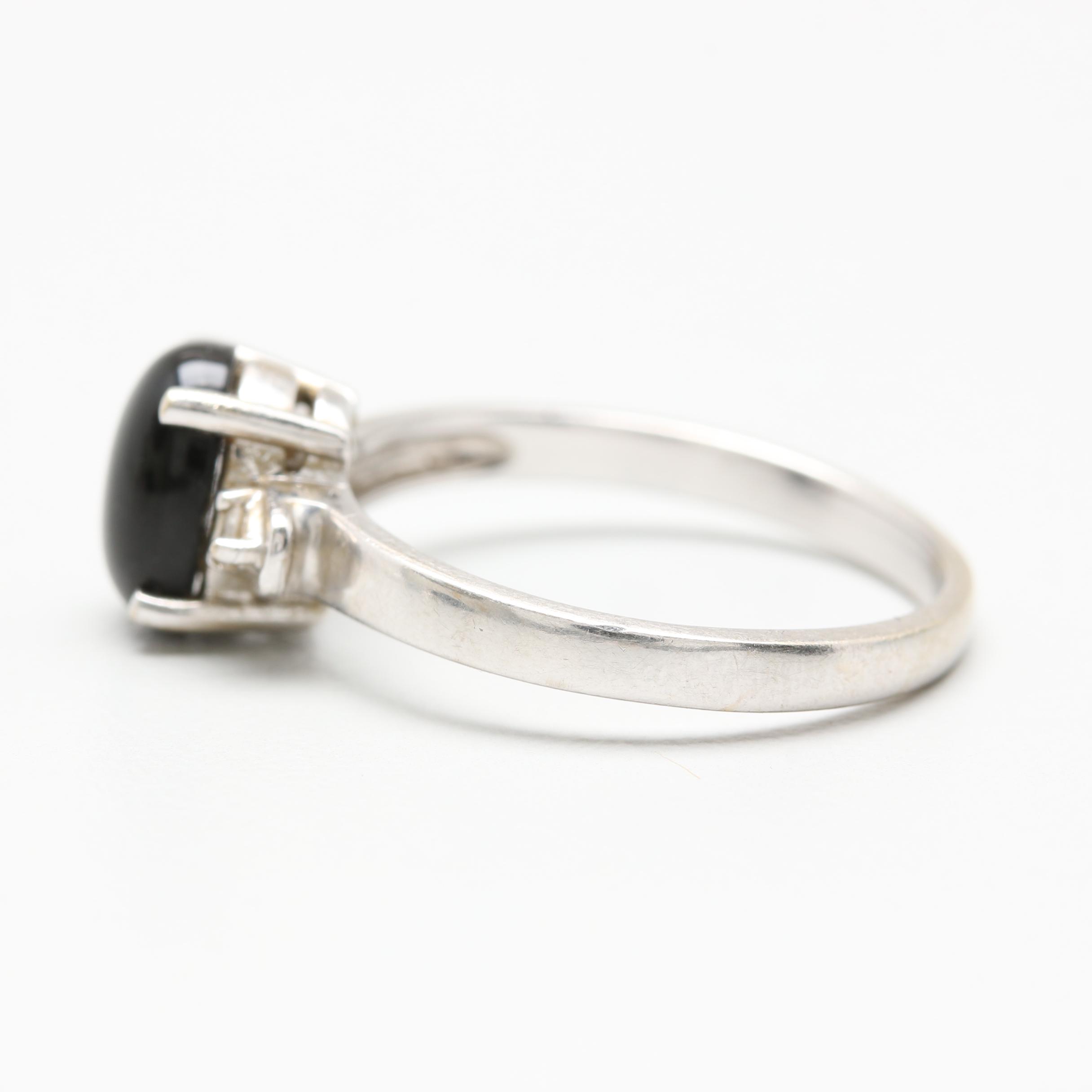 14K White Gold Black Onyx and Diamond Ring
