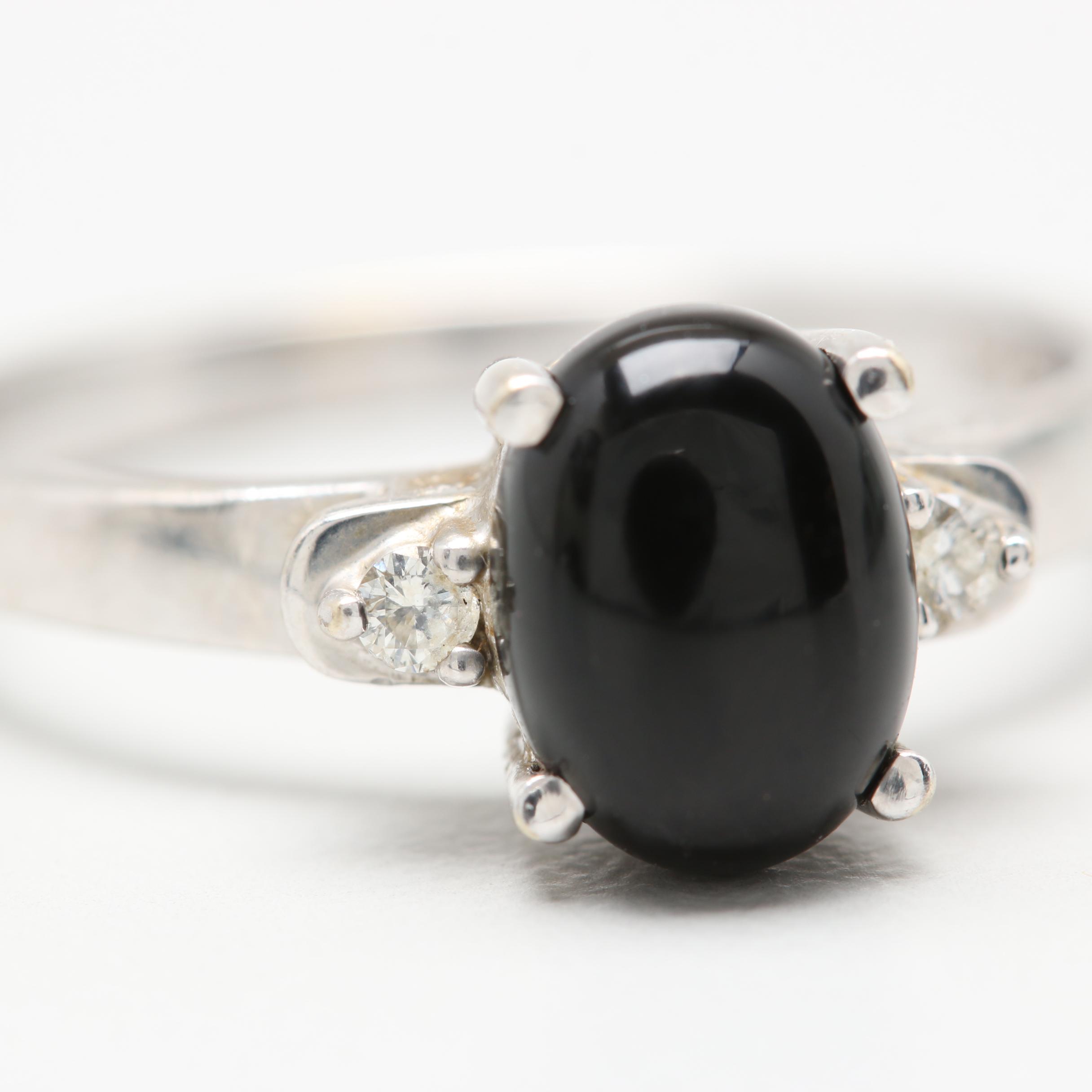 14K White Gold Black Onyx and Diamond Ring