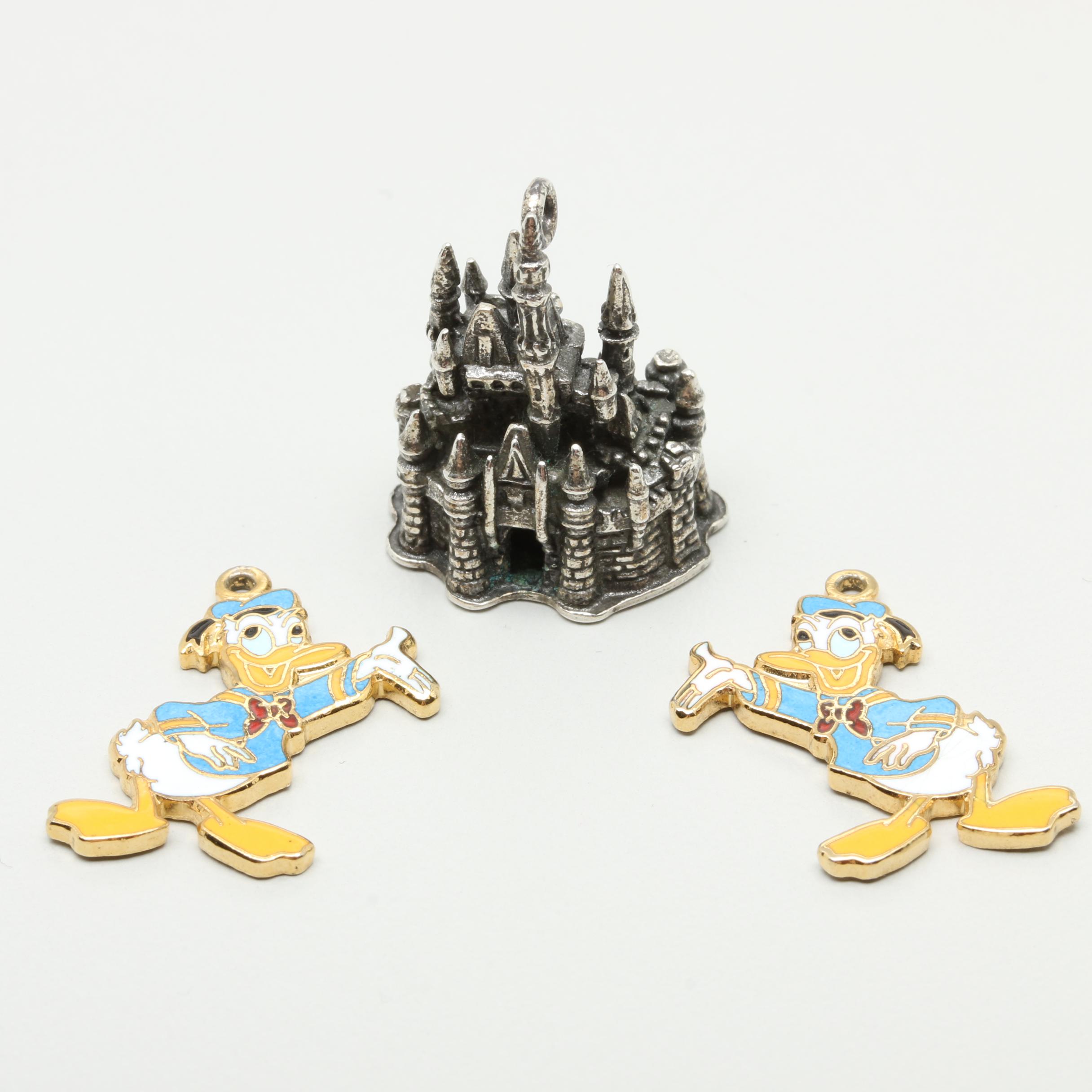 Disney Sterling Silver Castle Charm and Silver Tone Donald Duck Charms