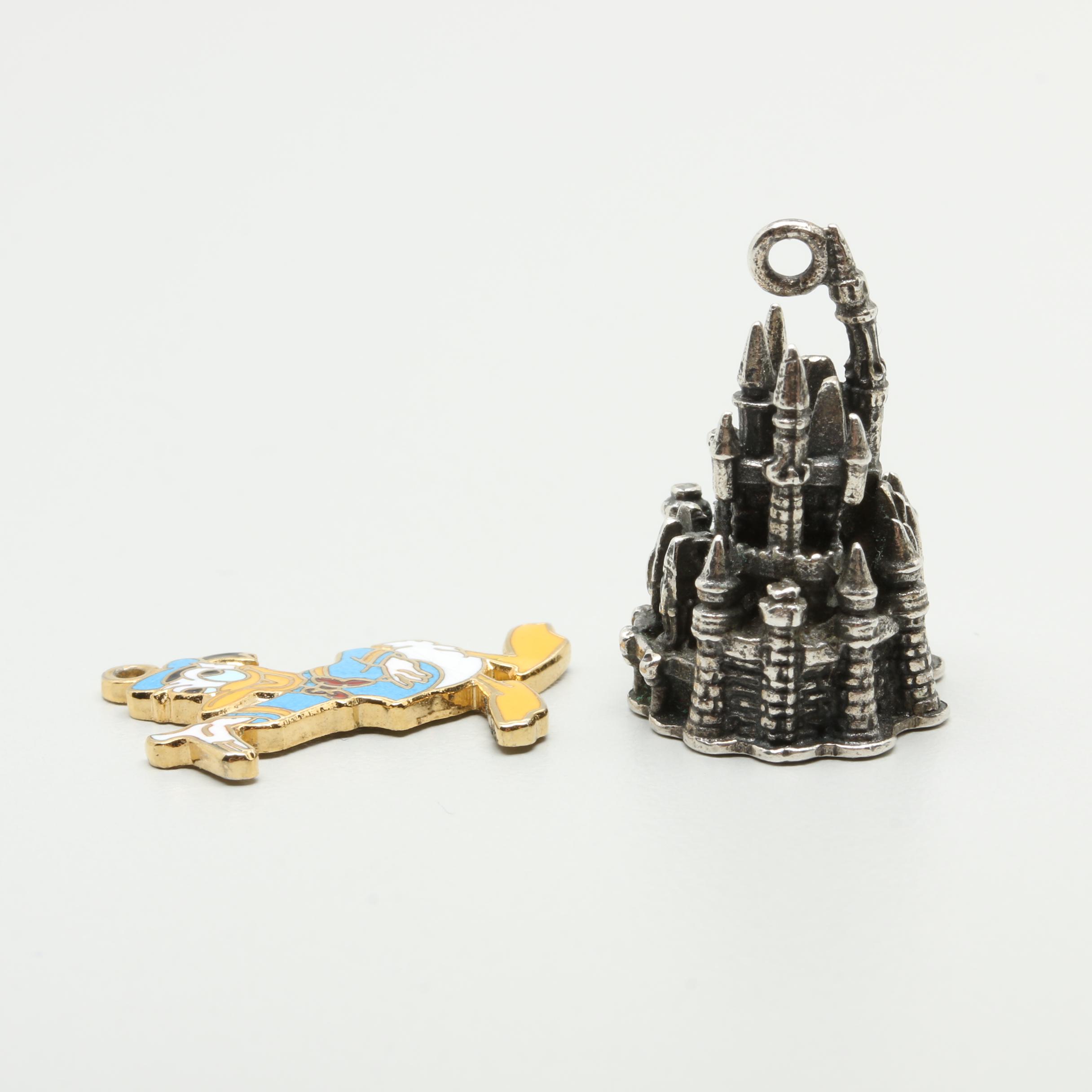 Disney Sterling Silver Castle Charm and Silver Tone Donald Duck Charms