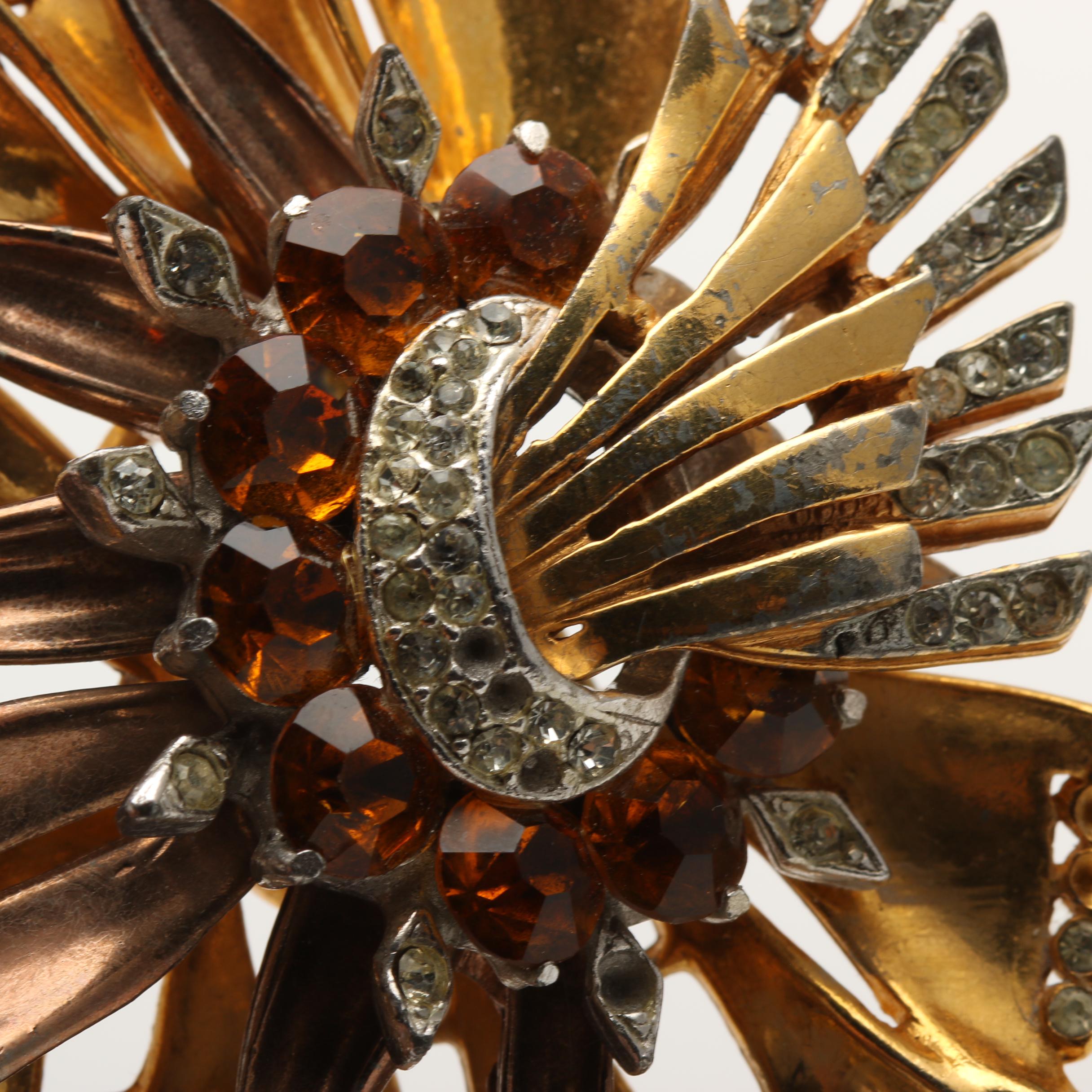 1930s Oversized Rhinestone Gold Tone Floral Brooch