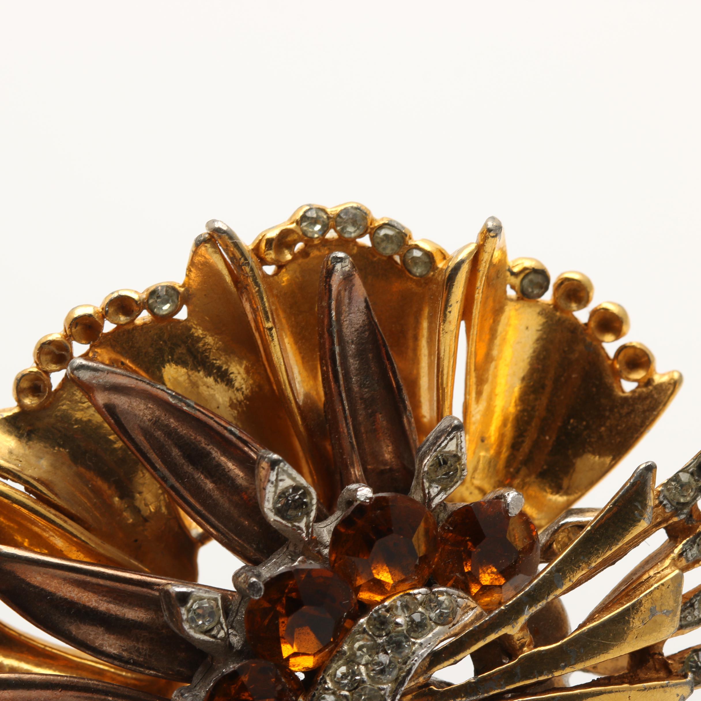 1930s Oversized Rhinestone Gold Tone Floral Brooch