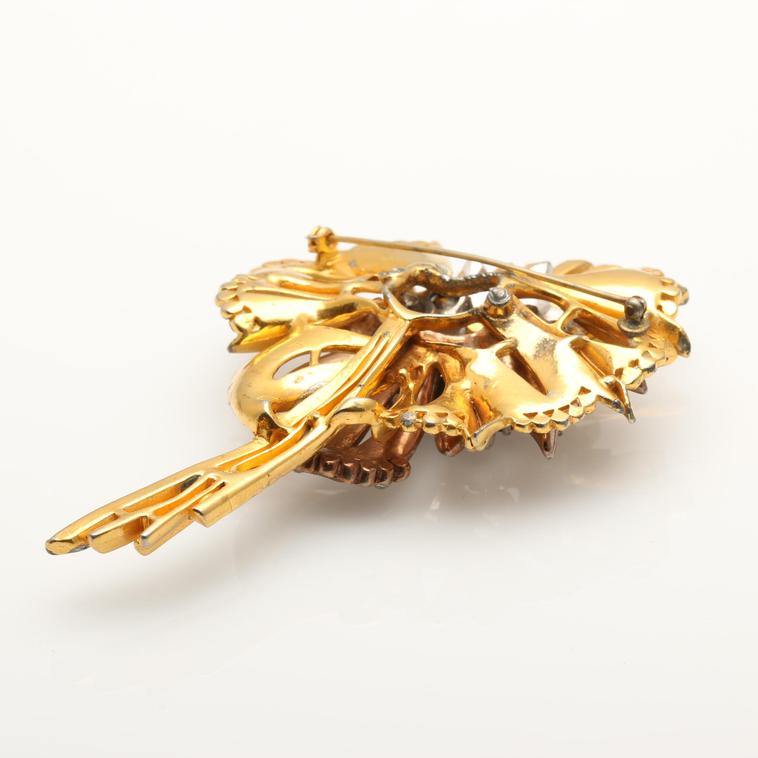 1930s Oversized Rhinestone Gold Tone Floral Brooch