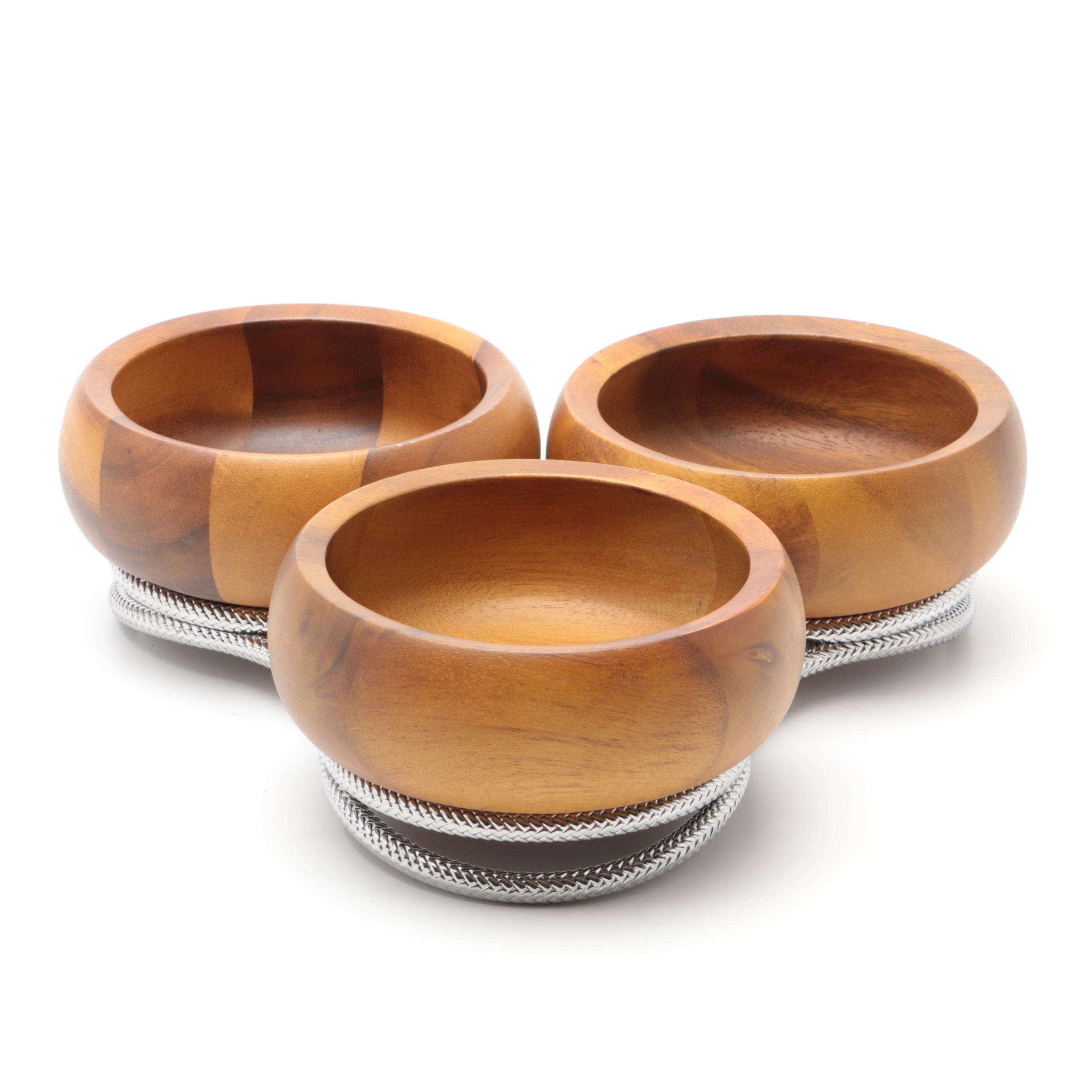Nambe Teak Wood Bowls on Chrome Stand