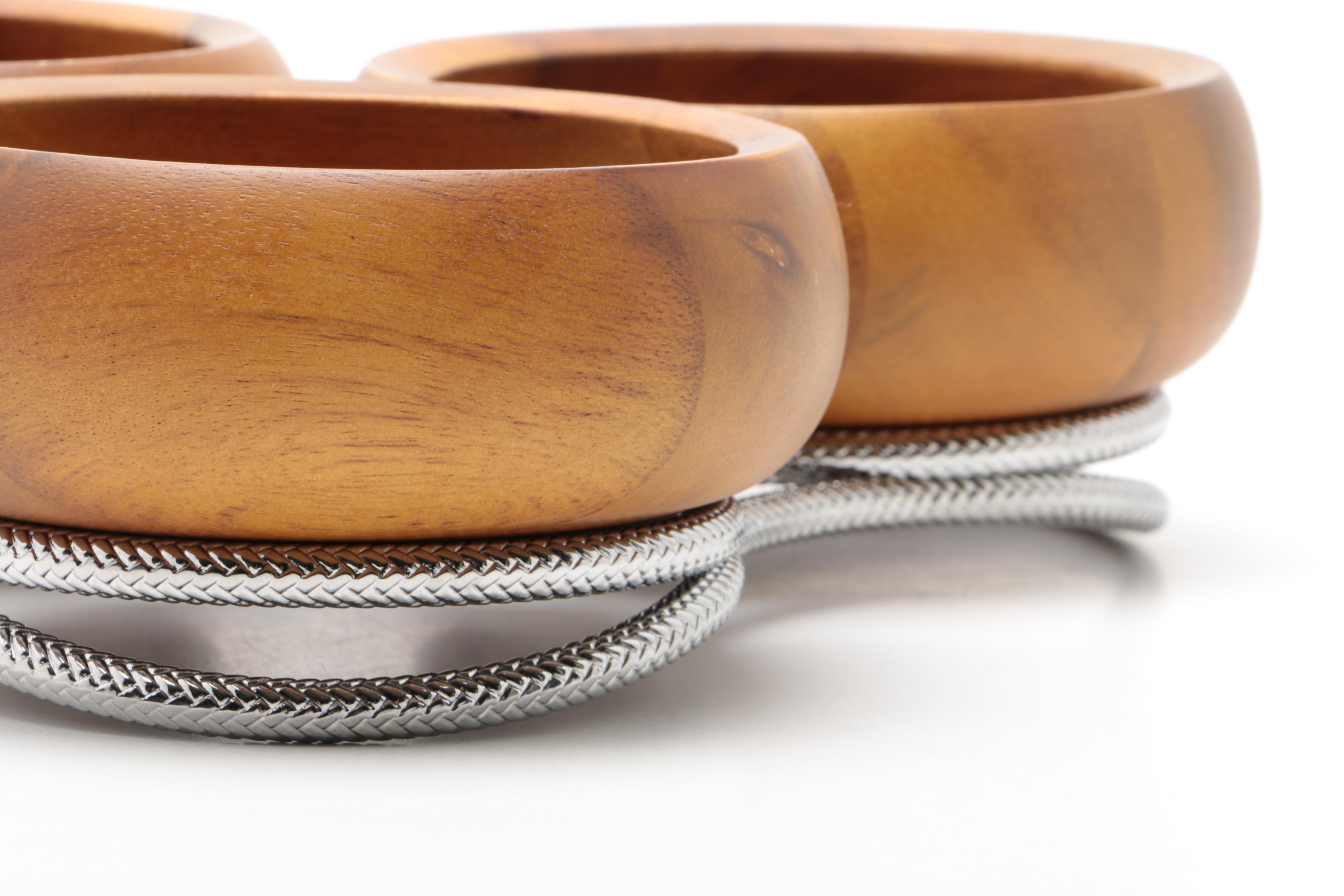 Nambe Teak Wood Bowls on Chrome Stand