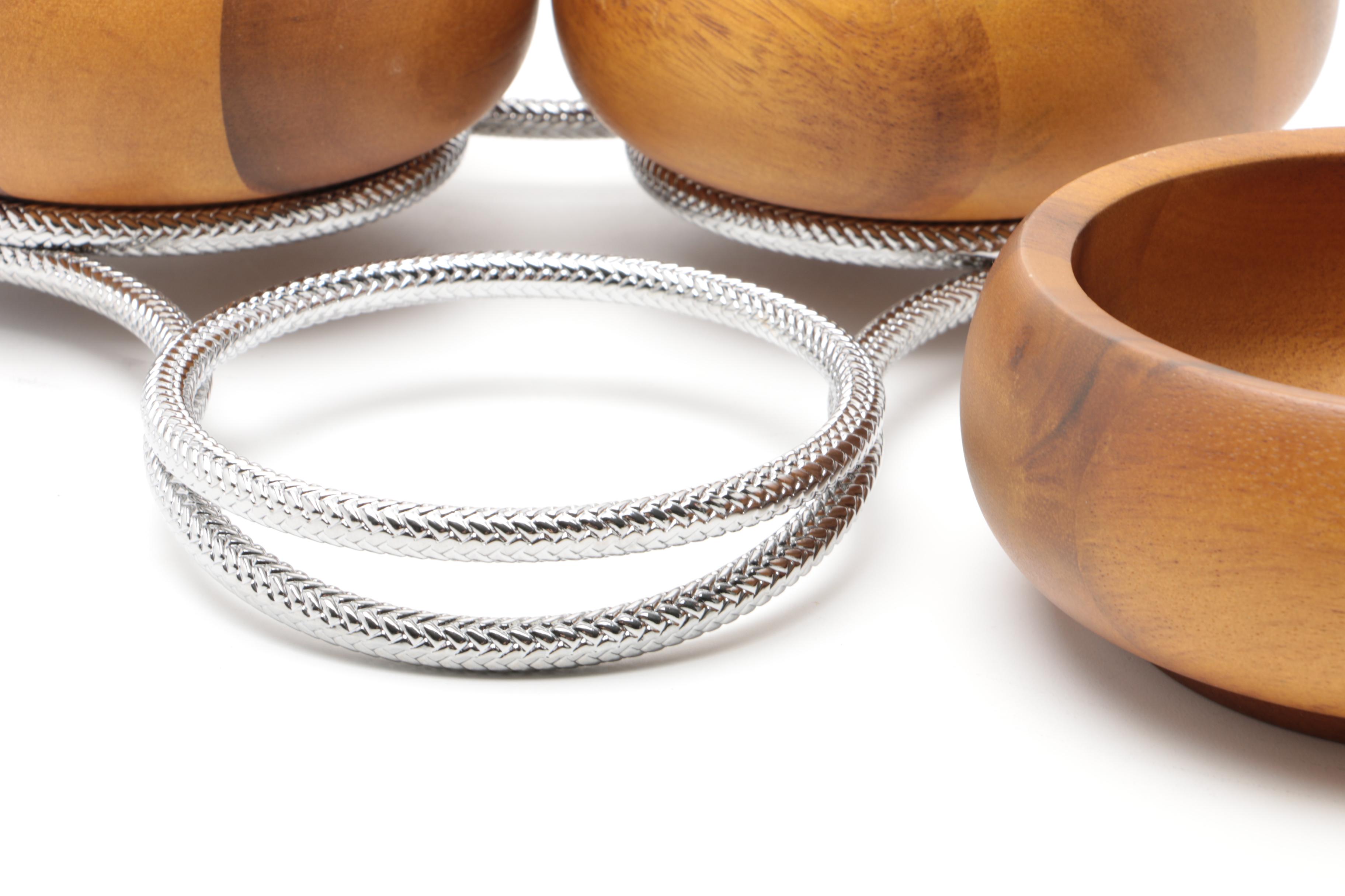 Nambe Teak Wood Bowls on Chrome Stand