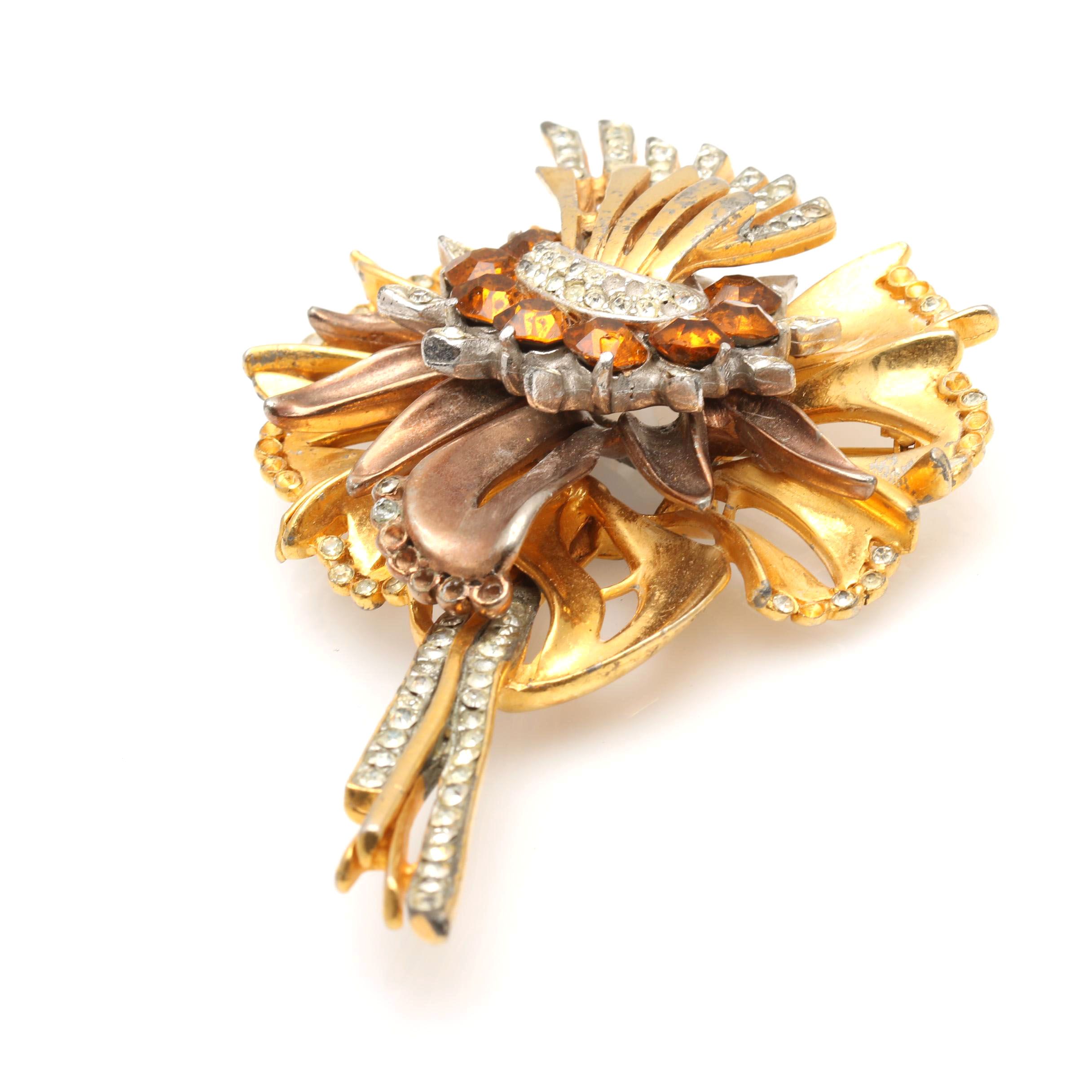 1930s Oversized Rhinestone Gold Tone Floral Brooch