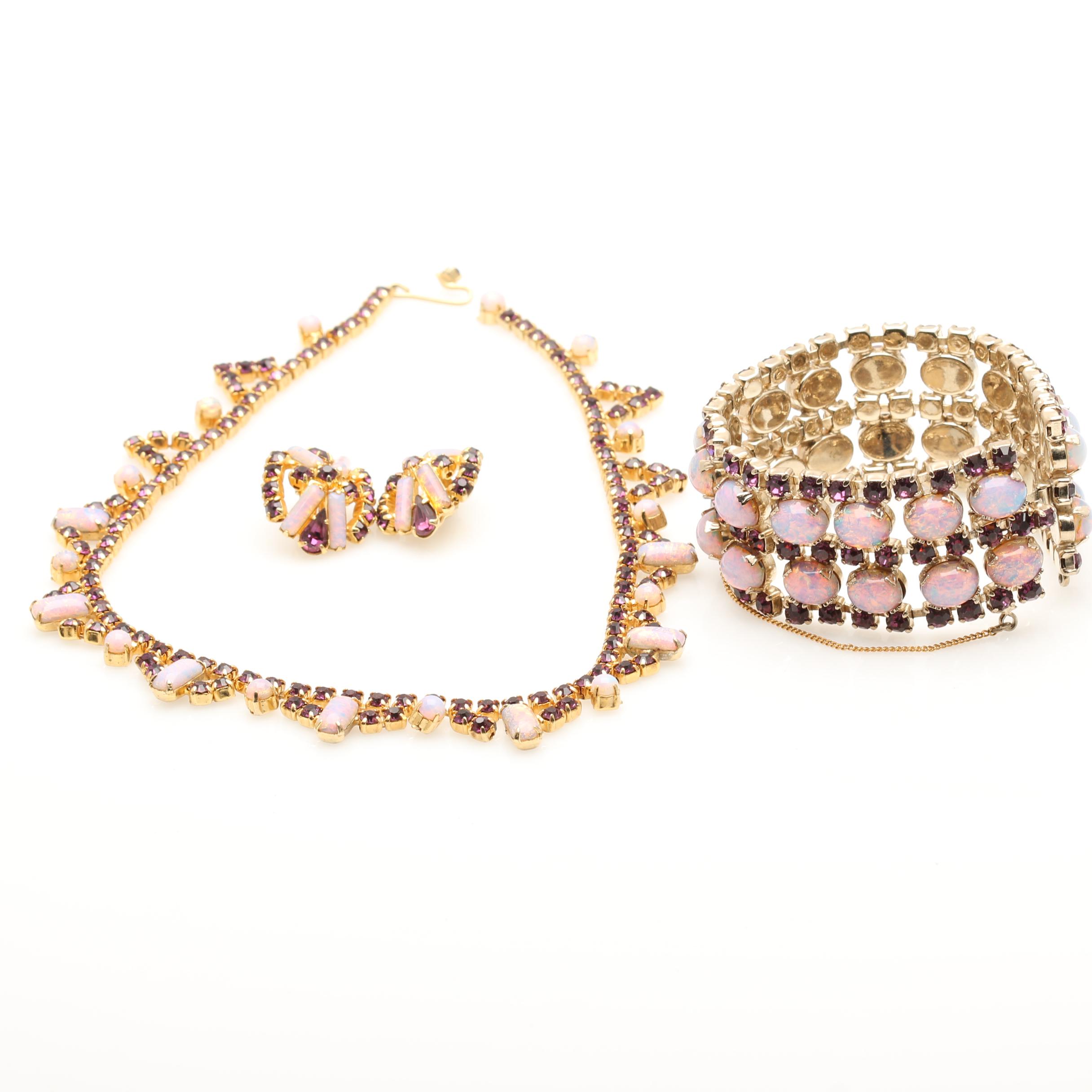 Vintage Purple and Gold Tone Rhinestone and Cabochon Jewelry Set
