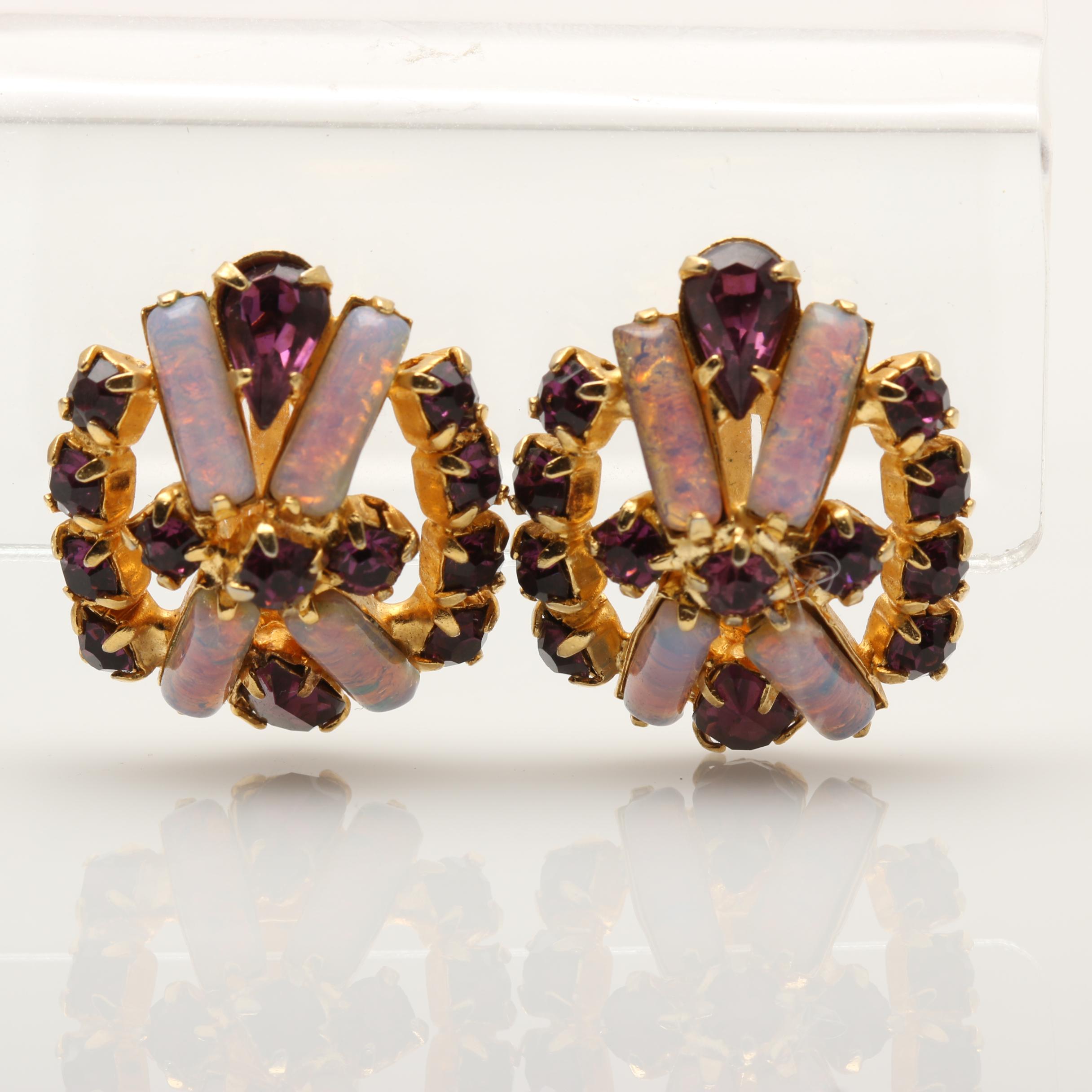 Vintage Purple and Gold Tone Rhinestone and Cabochon Jewelry Set