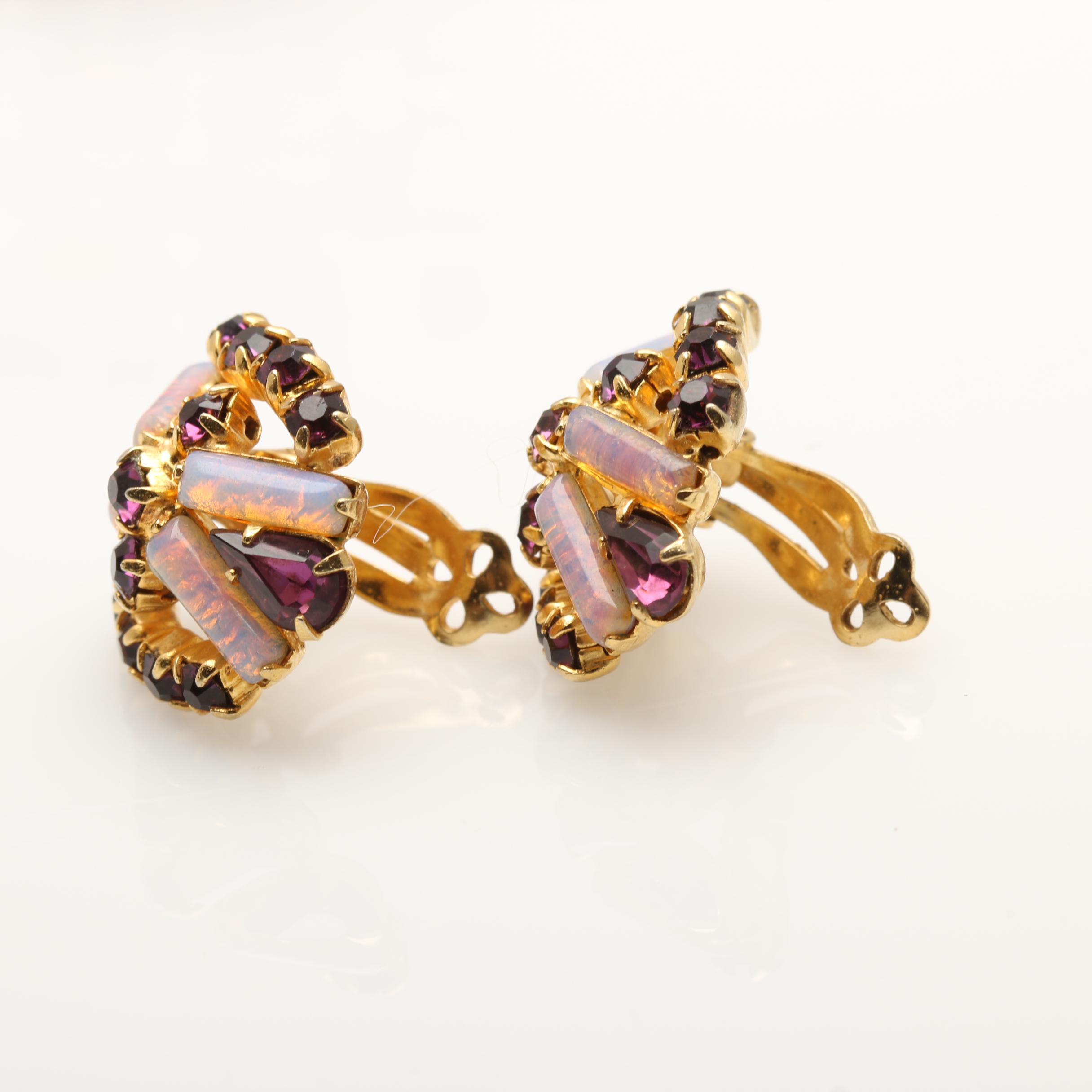 Vintage Purple and Gold Tone Rhinestone and Cabochon Jewelry Set