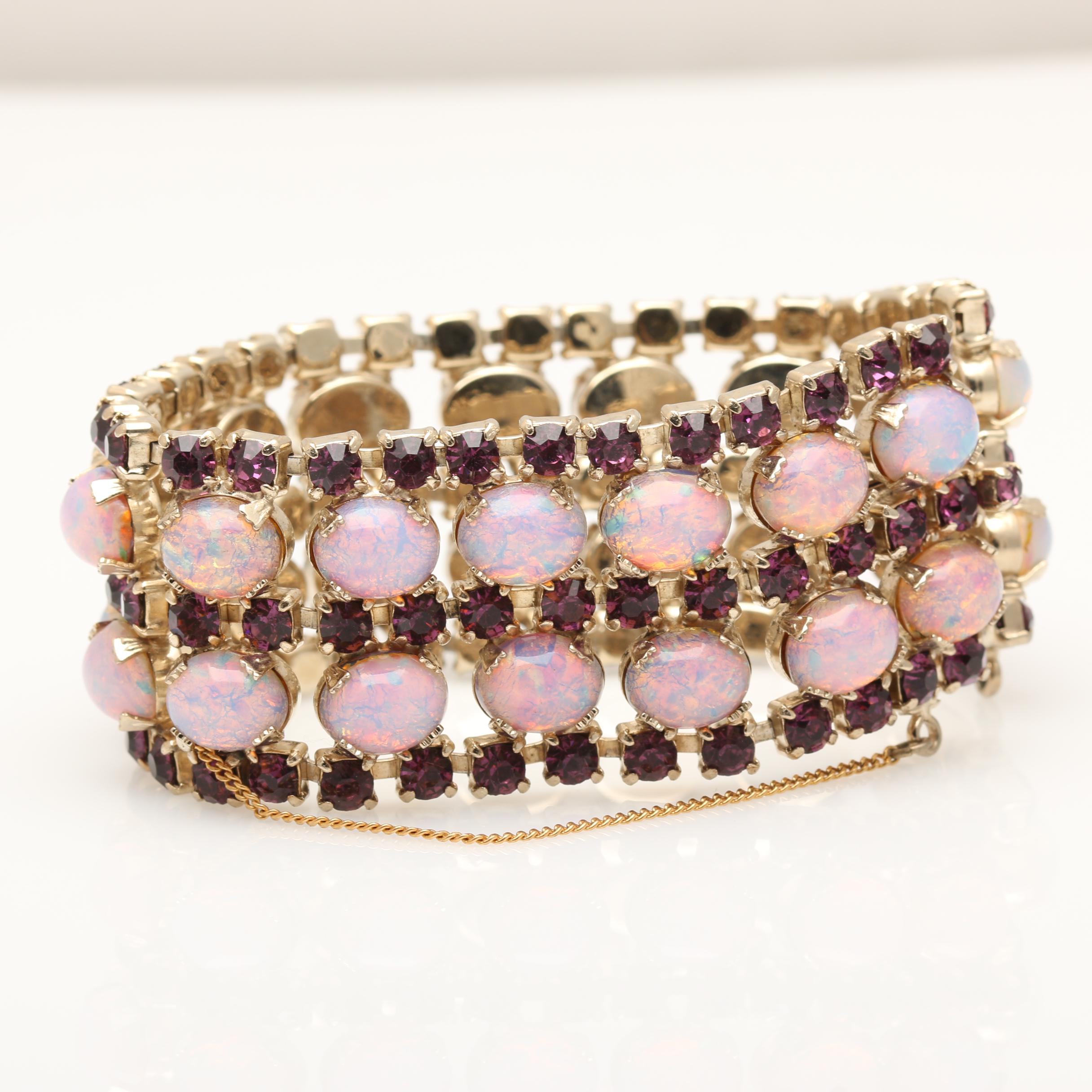 Vintage Purple and Gold Tone Rhinestone and Cabochon Jewelry Set