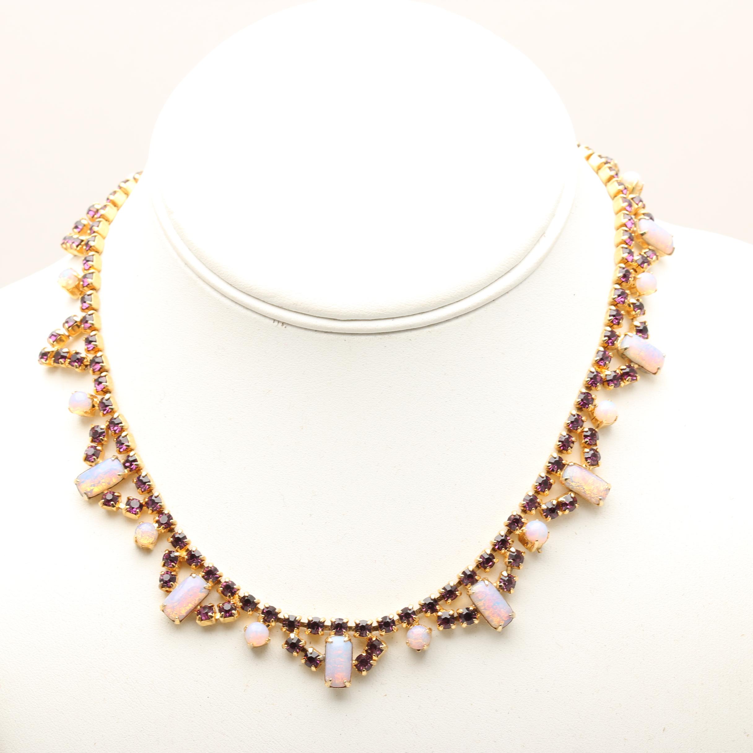 Vintage Purple and Gold Tone Rhinestone and Cabochon Jewelry Set