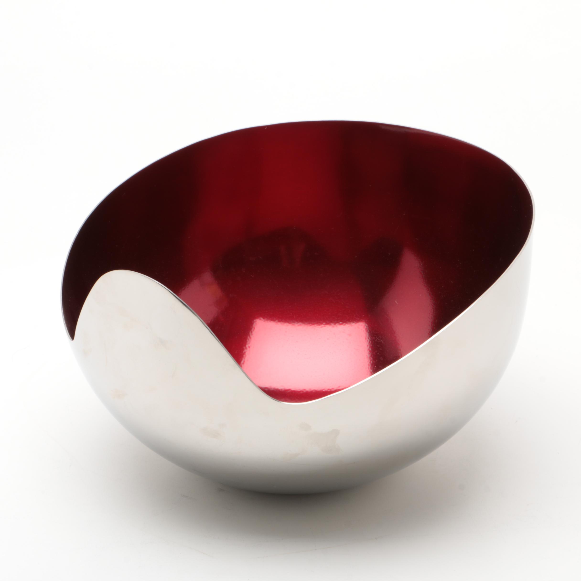 Modernist Style Chrome Serving Bowl with Red Interior