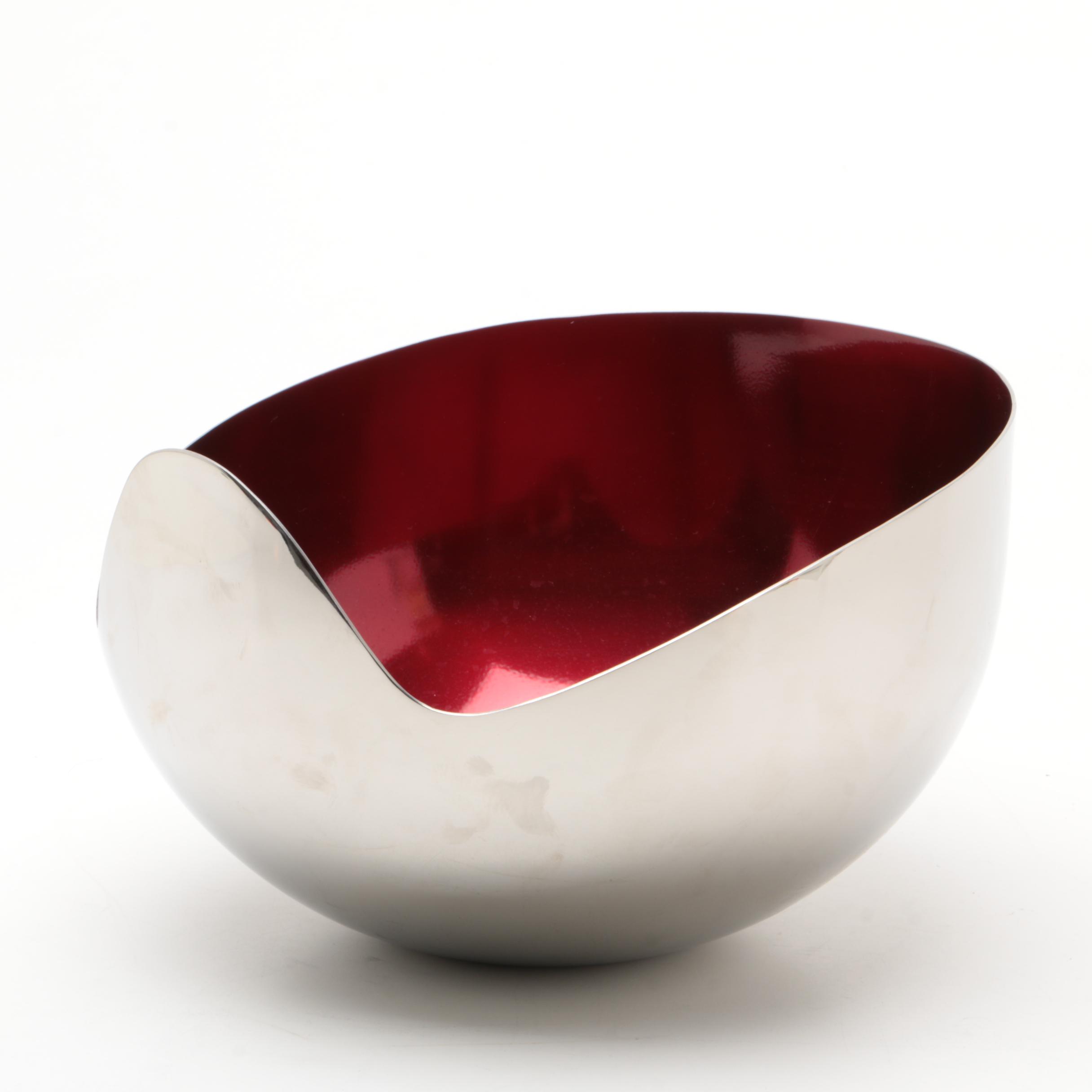 Modernist Style Chrome Serving Bowl with Red Interior