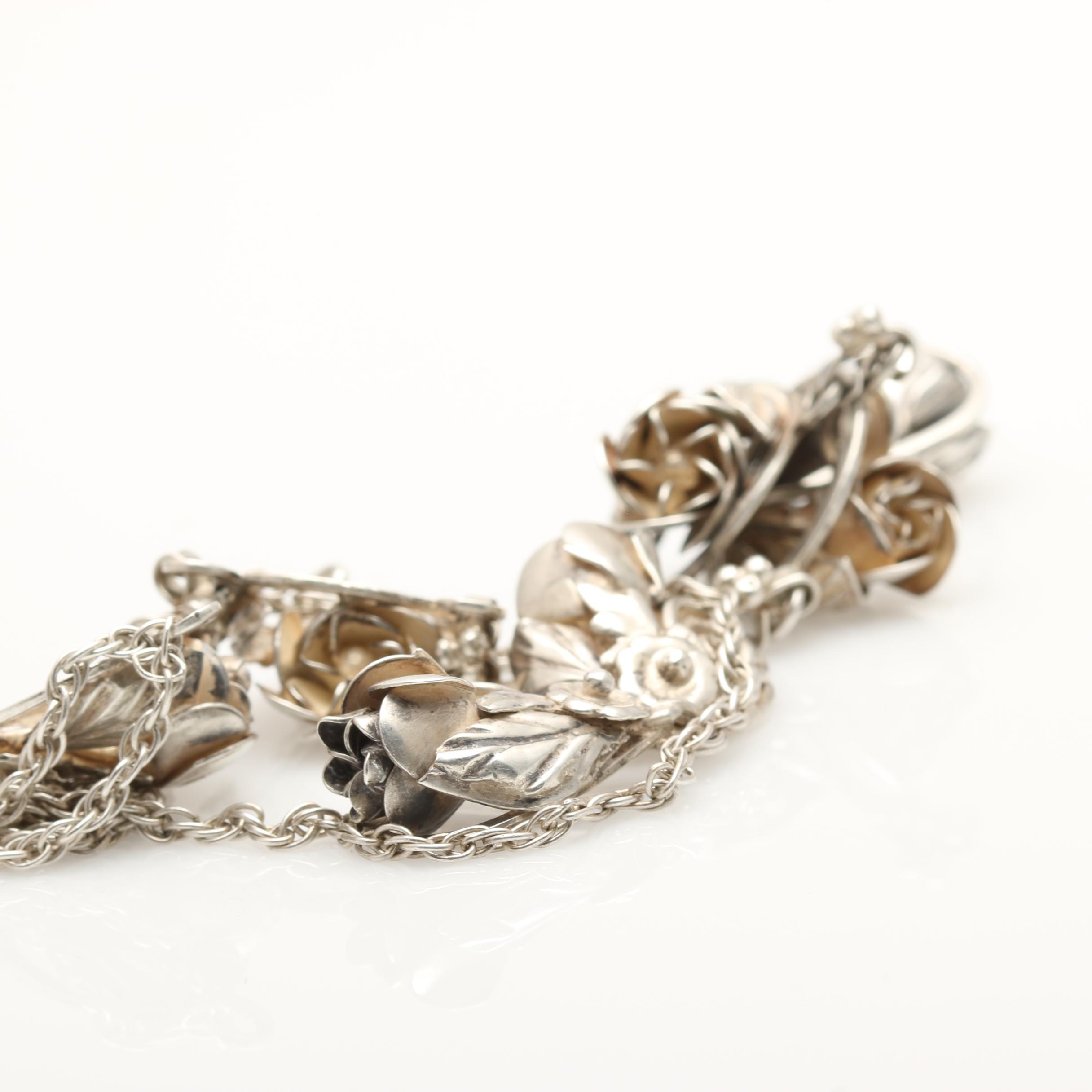 Vintage Floral Sterling Necklace and Bracelet Including Hobe