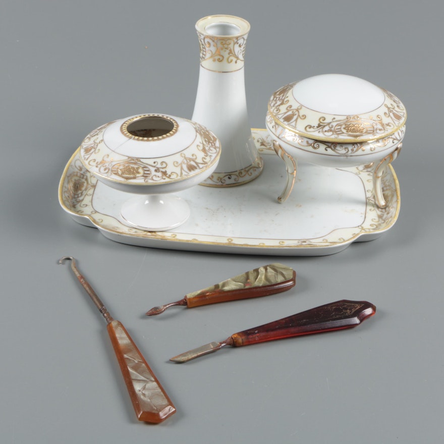 Vintage Noritake Porcelain Vanity Accessories with Iridescent Manicure Set