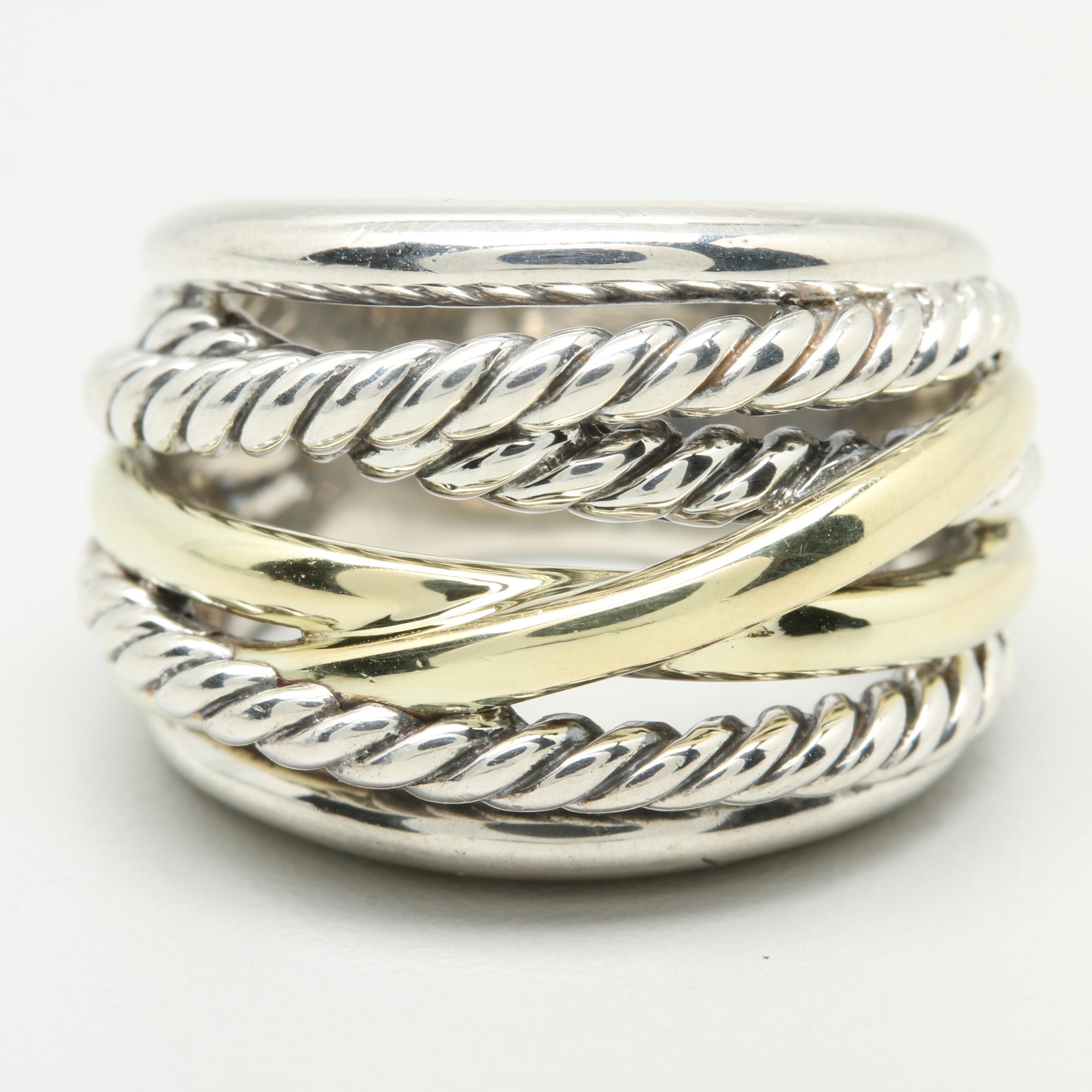 David Yurman "Crossover" Sterling Silver Ring With 14K Yellow Gold Accents