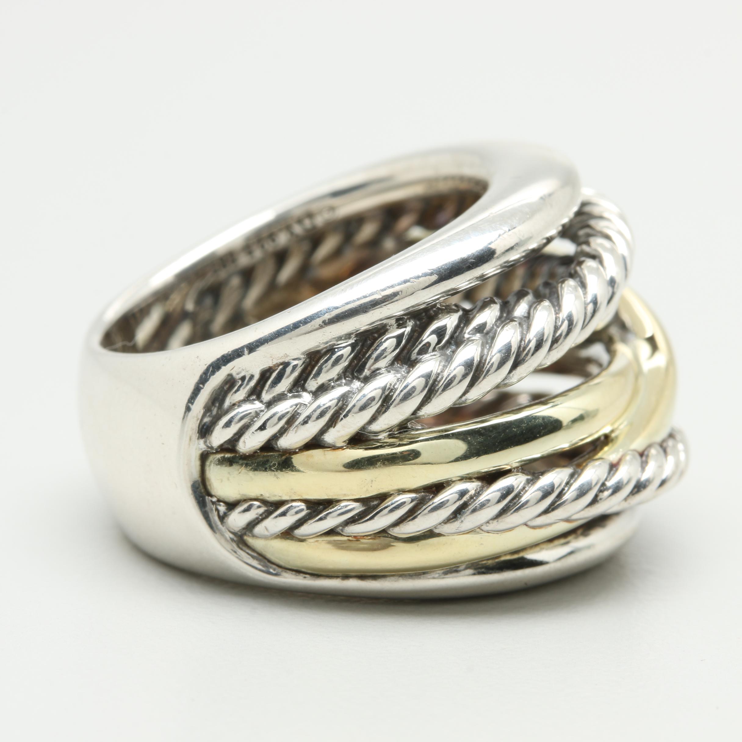 David Yurman "Crossover" Sterling Silver Ring With 14K Yellow Gold Accents