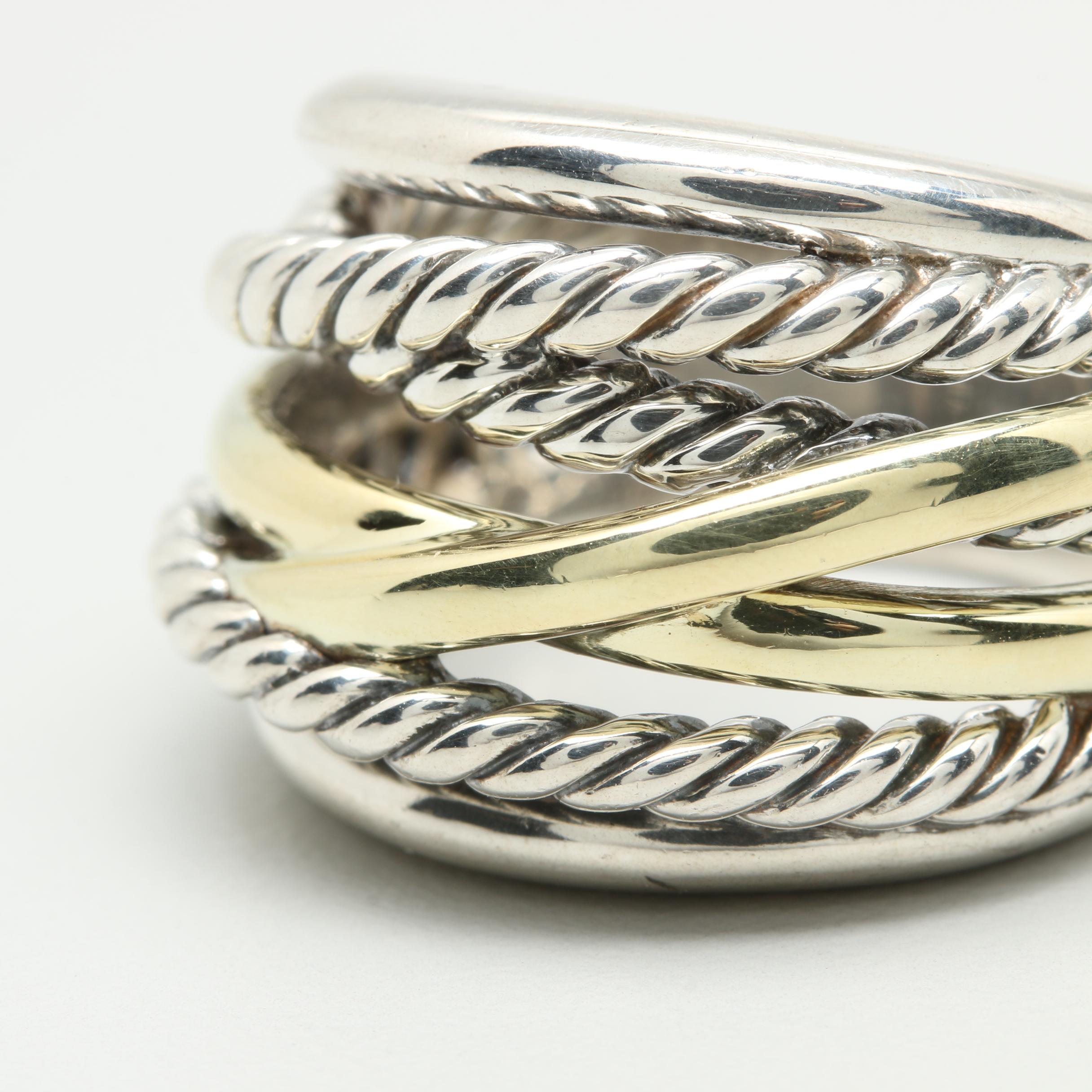 David Yurman "Crossover" Sterling Silver Ring With 14K Yellow Gold Accents