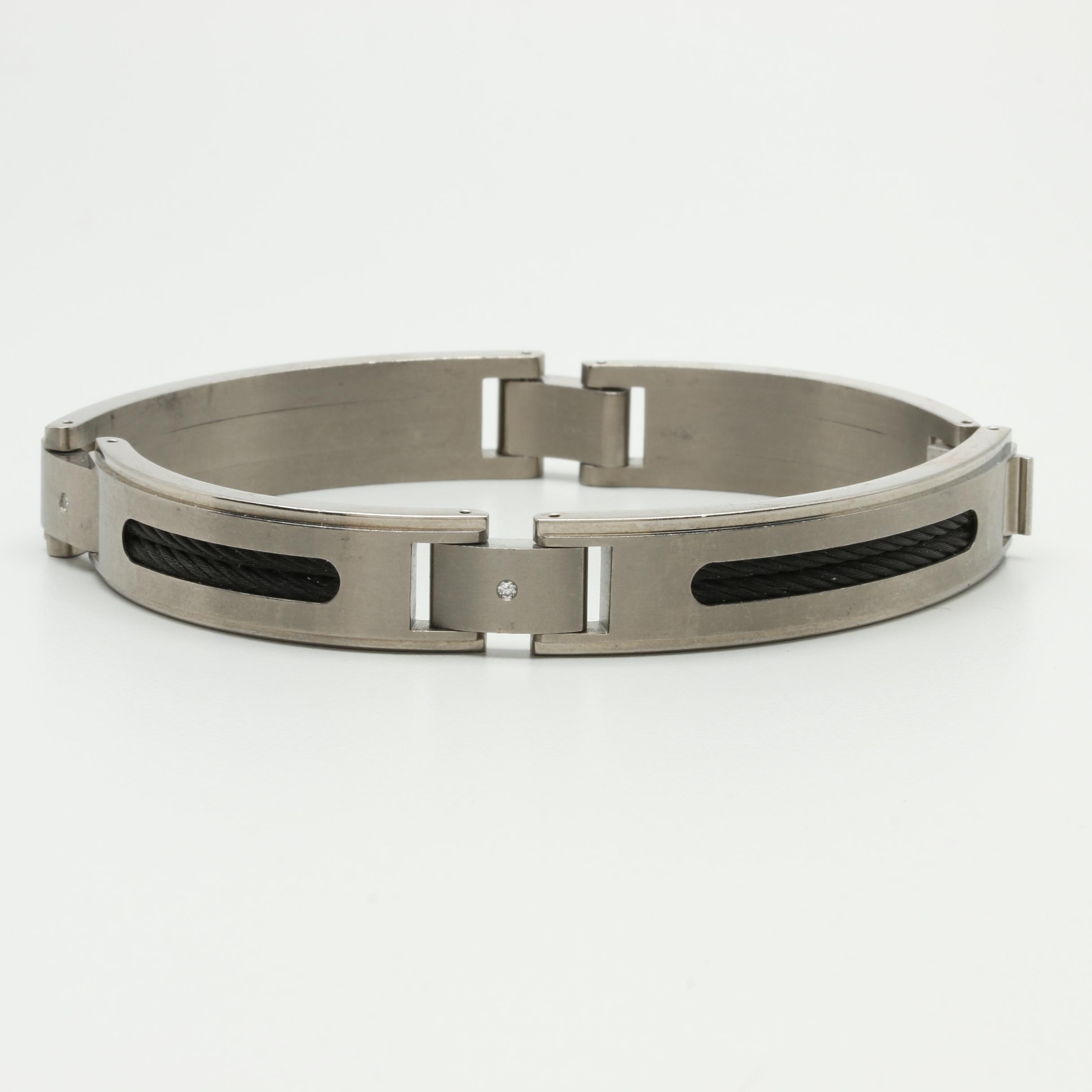 REVV Titanium and Stainless Steel Cable Wire Bracelet with Diamond Accents
