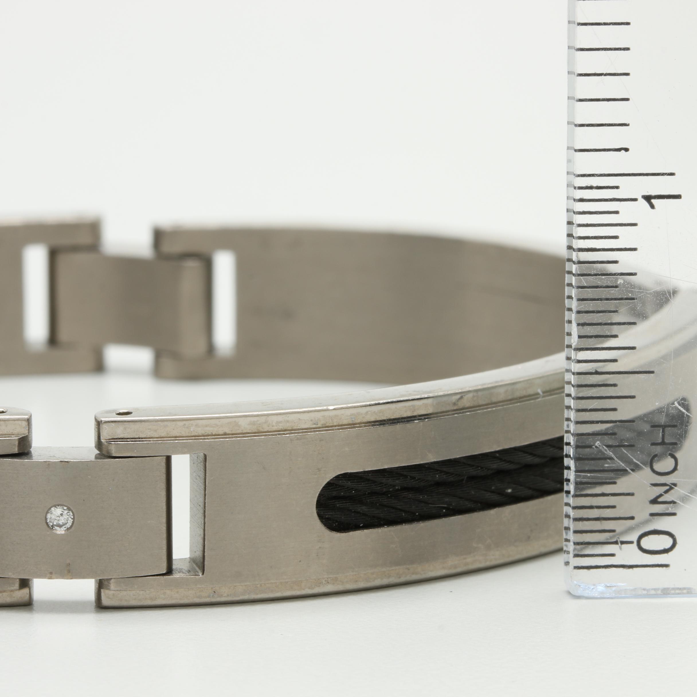 REVV Titanium and Stainless Steel Cable Wire Bracelet with Diamond Accents