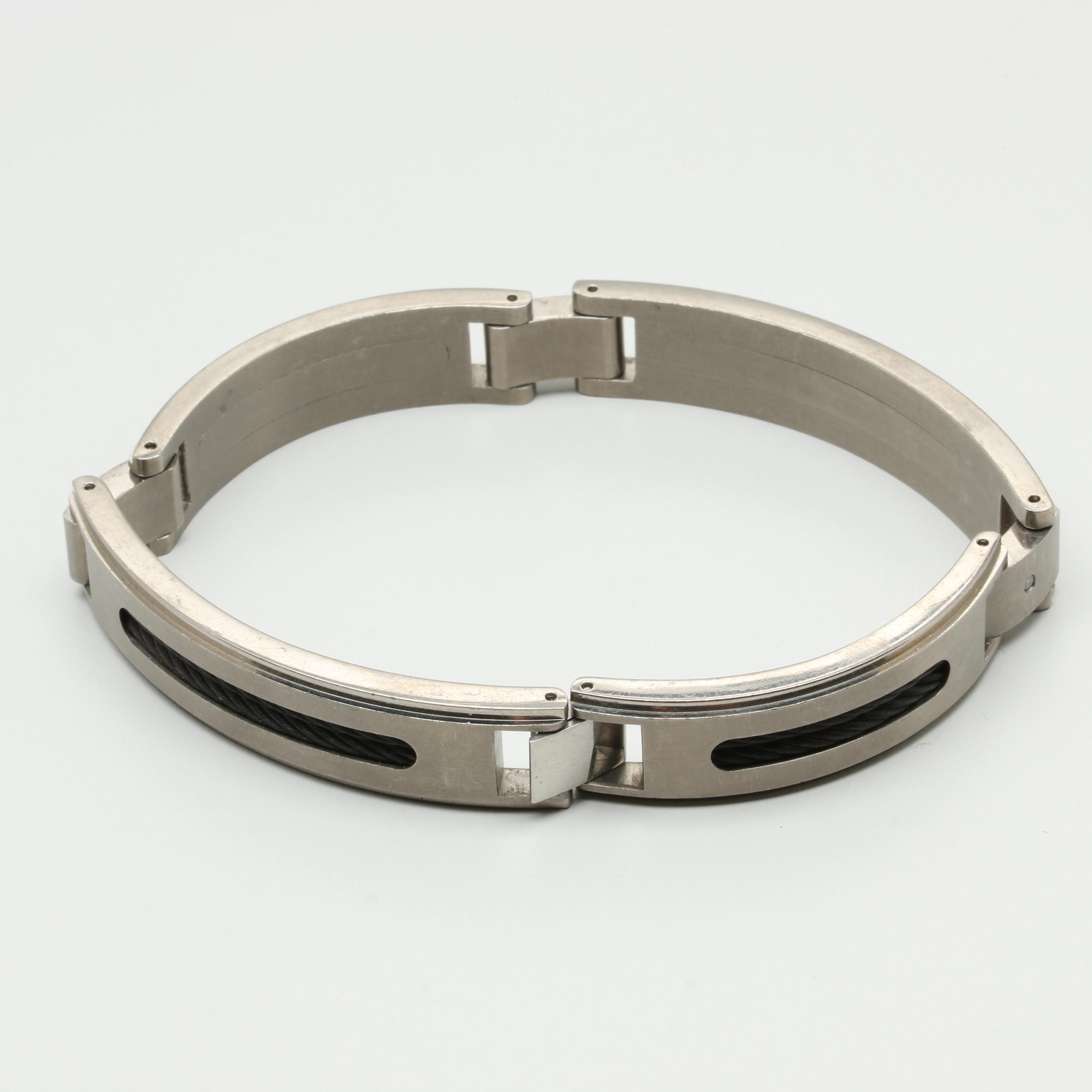 REVV Titanium and Stainless Steel Cable Wire Bracelet with Diamond Accents