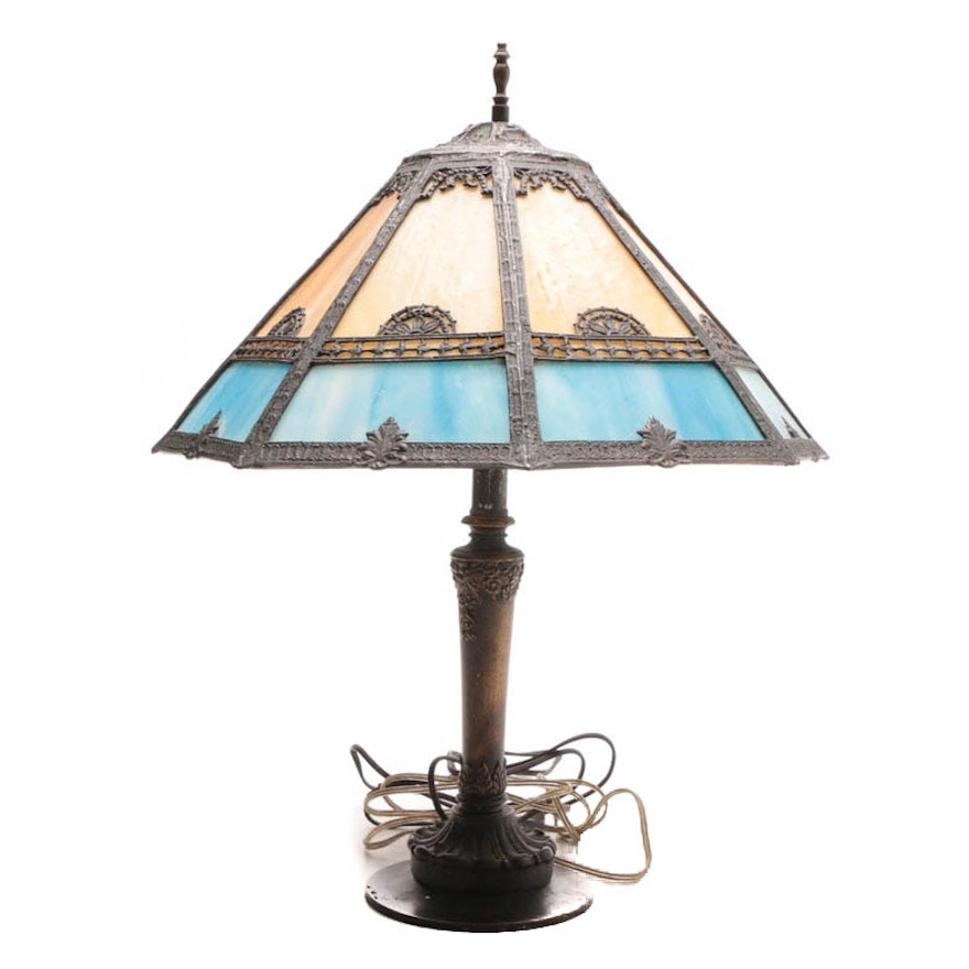 Vintage Art Nouveau Style Table Lamp with Slag Glass Shade