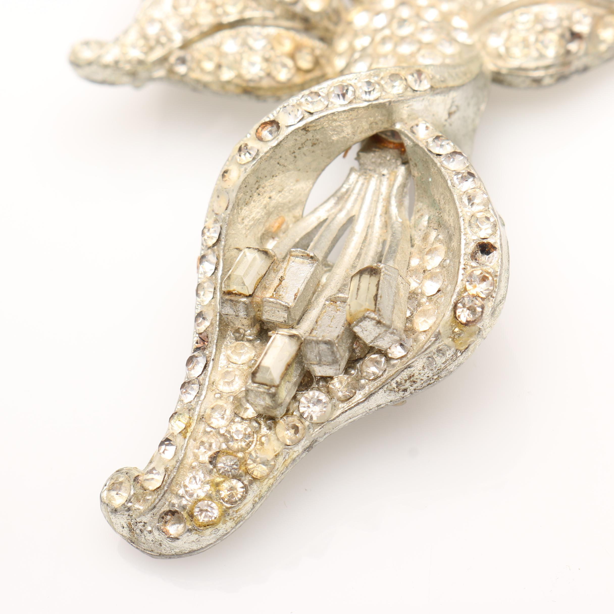 Two 1930s Silver Tone Rhinestone Floral Brooches