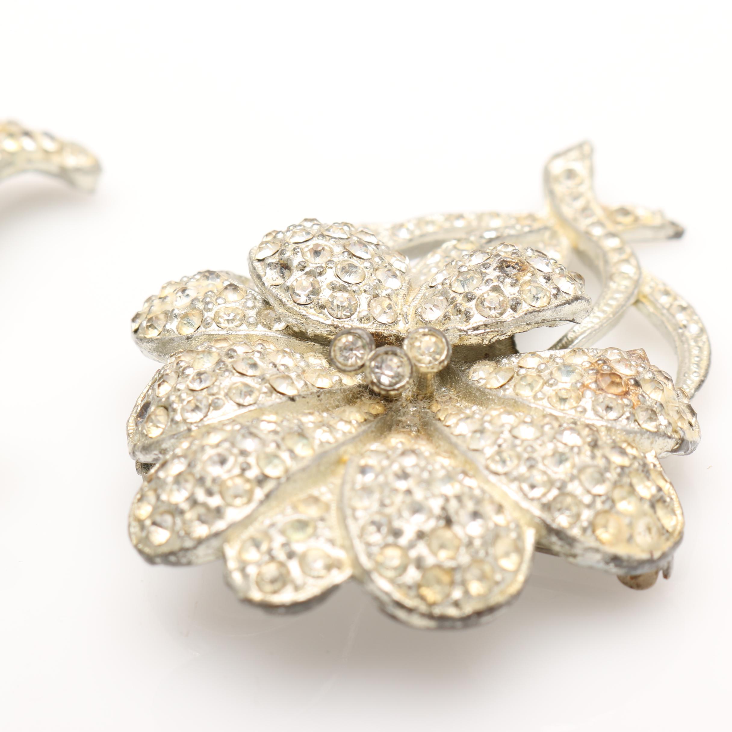 Two 1930s Silver Tone Rhinestone Floral Brooches