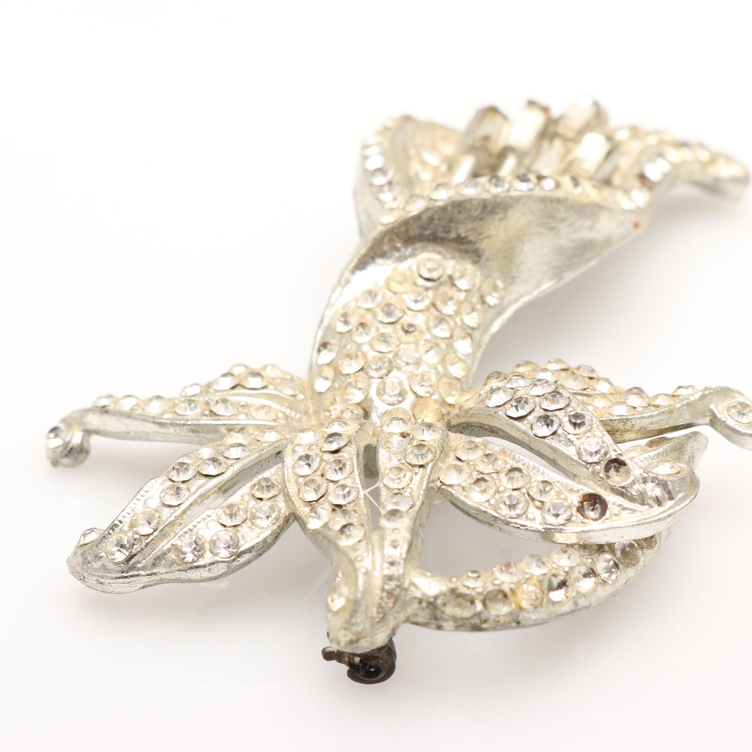 Two 1930s Silver Tone Rhinestone Floral Brooches