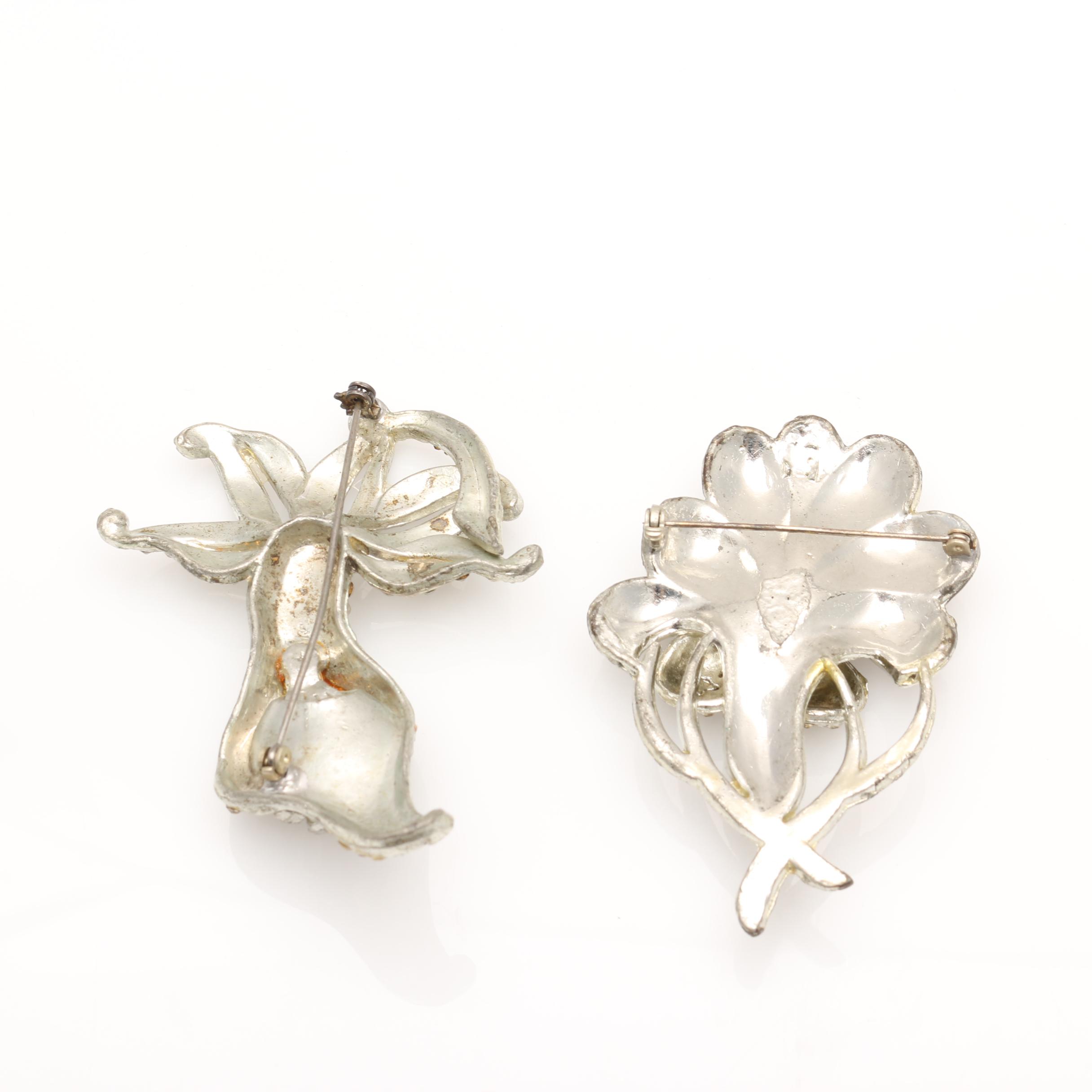 Two 1930s Silver Tone Rhinestone Floral Brooches