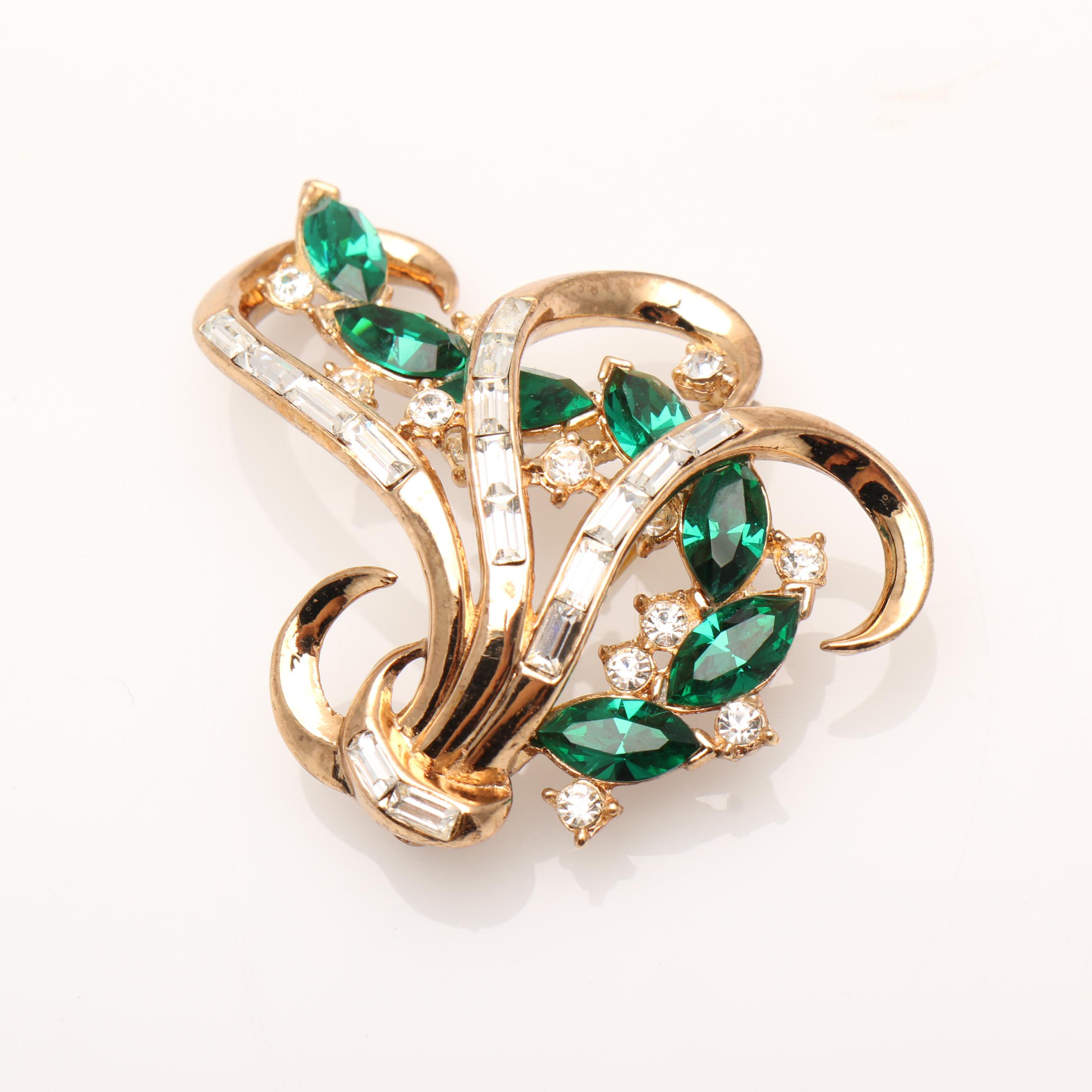 1950s Trifari Gold Tone Rhinestone Brooch and Necklace Set