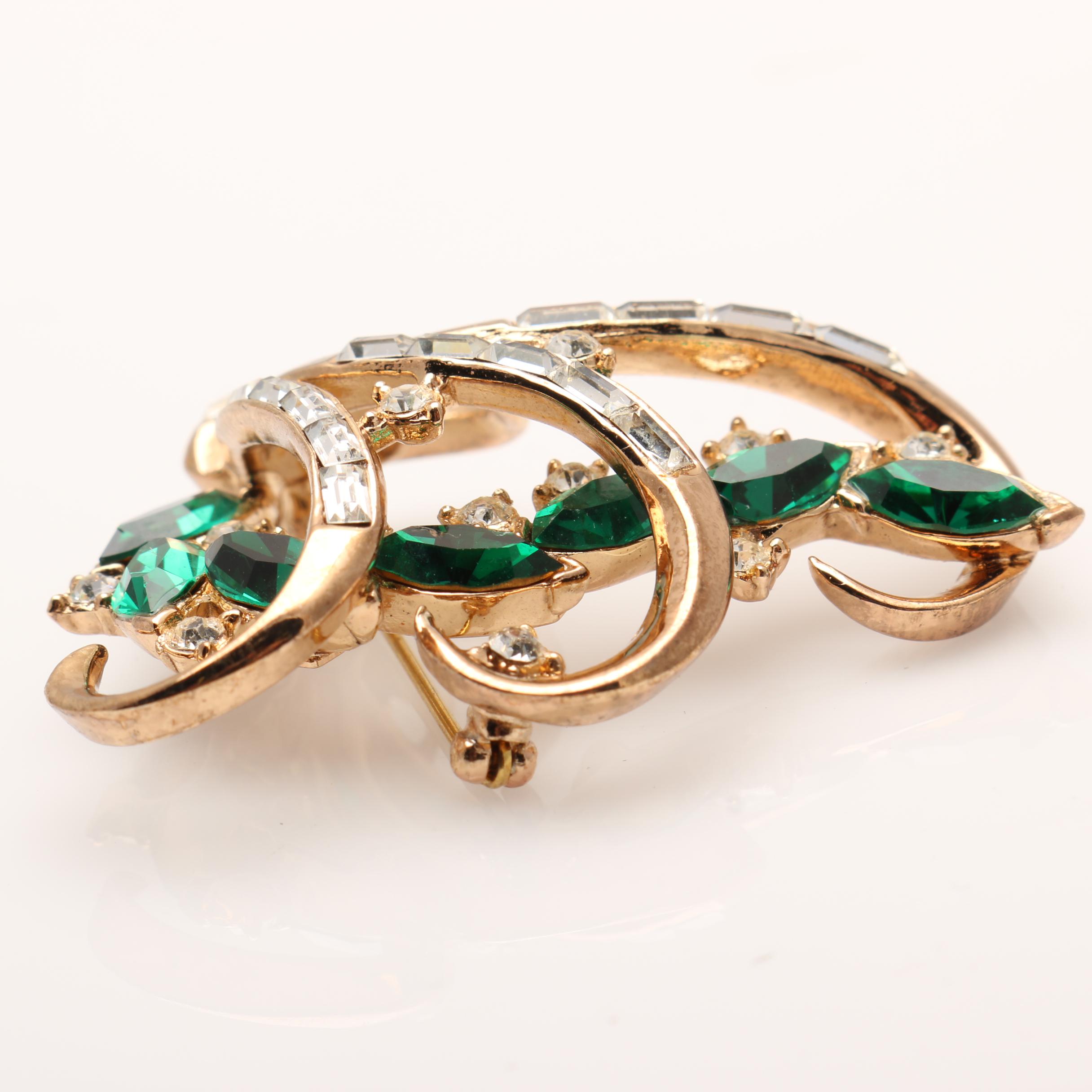 1950s Trifari Gold Tone Rhinestone Brooch and Necklace Set