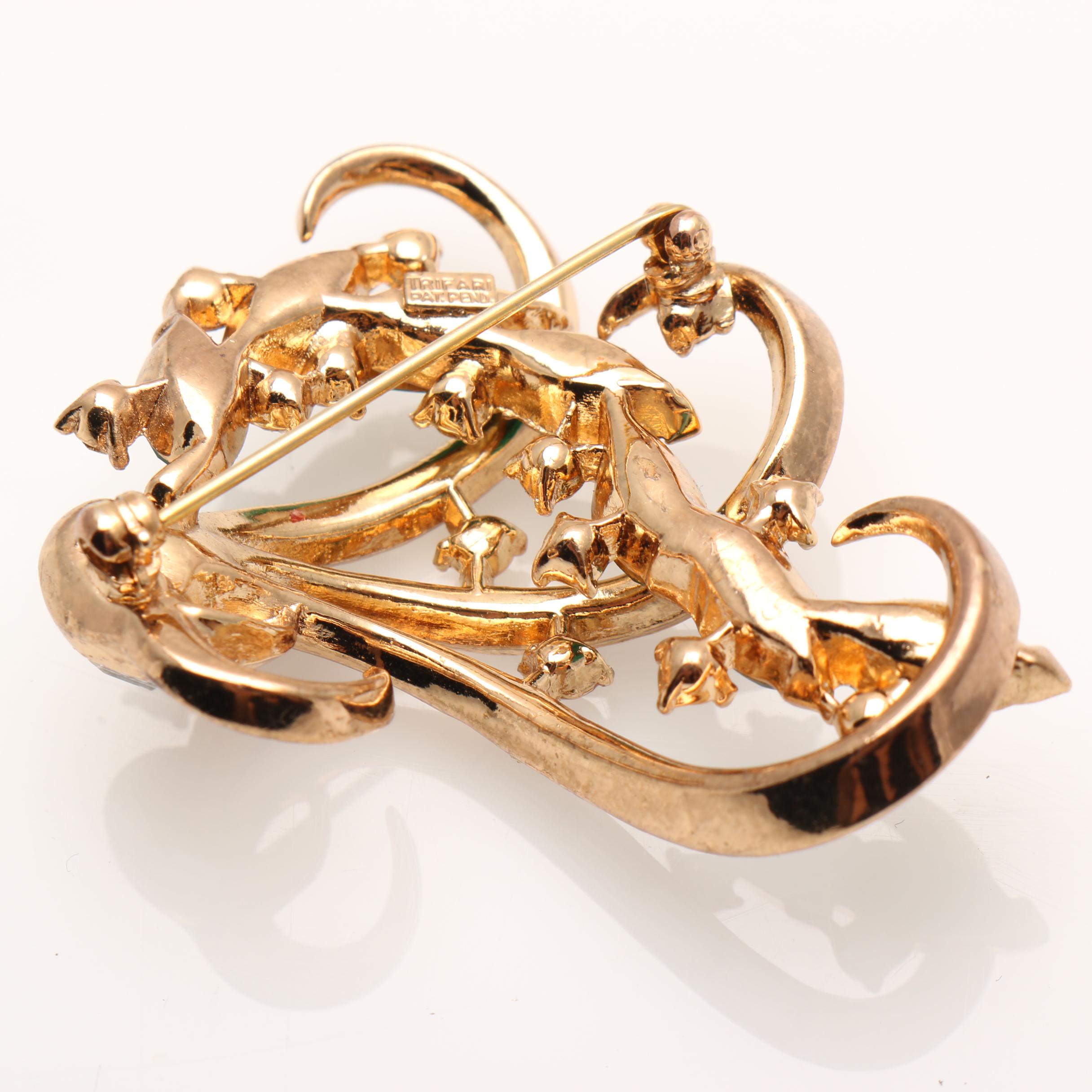 1950s Trifari Gold Tone Rhinestone Brooch and Necklace Set