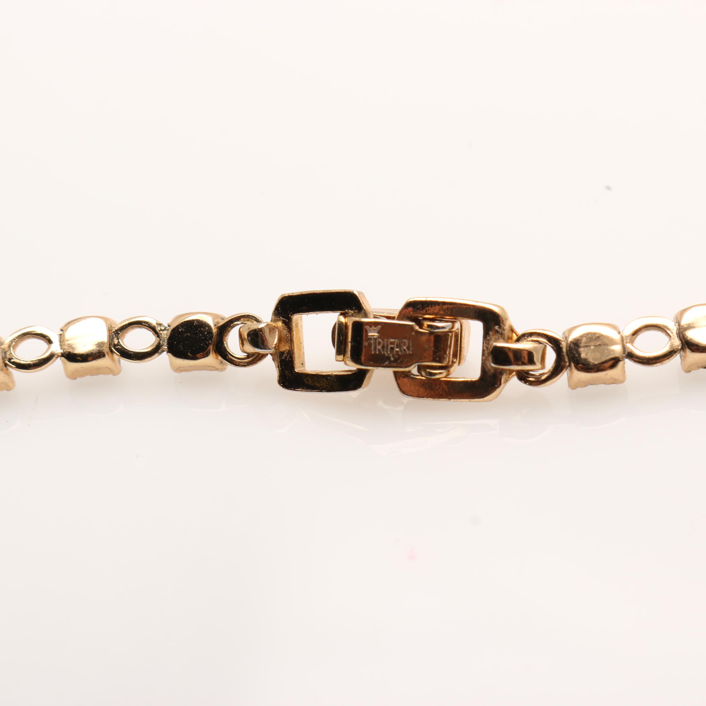 1950s Trifari Gold Tone Rhinestone Brooch and Necklace Set