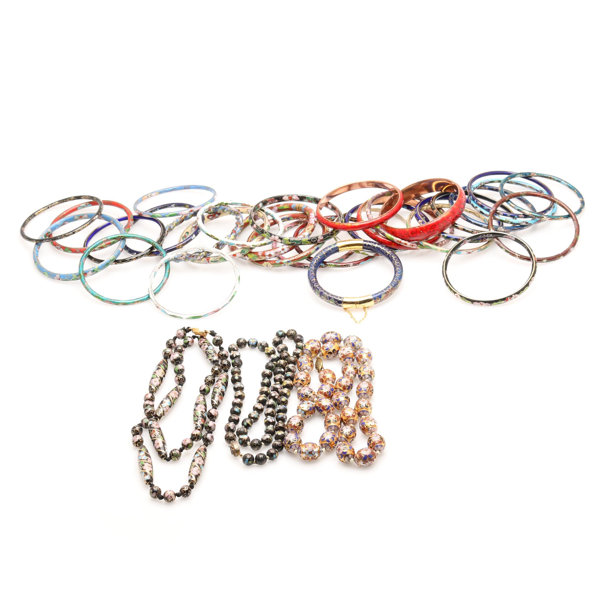 Over Thirty Chinese Cloisonne Bangles and Three Necklaces