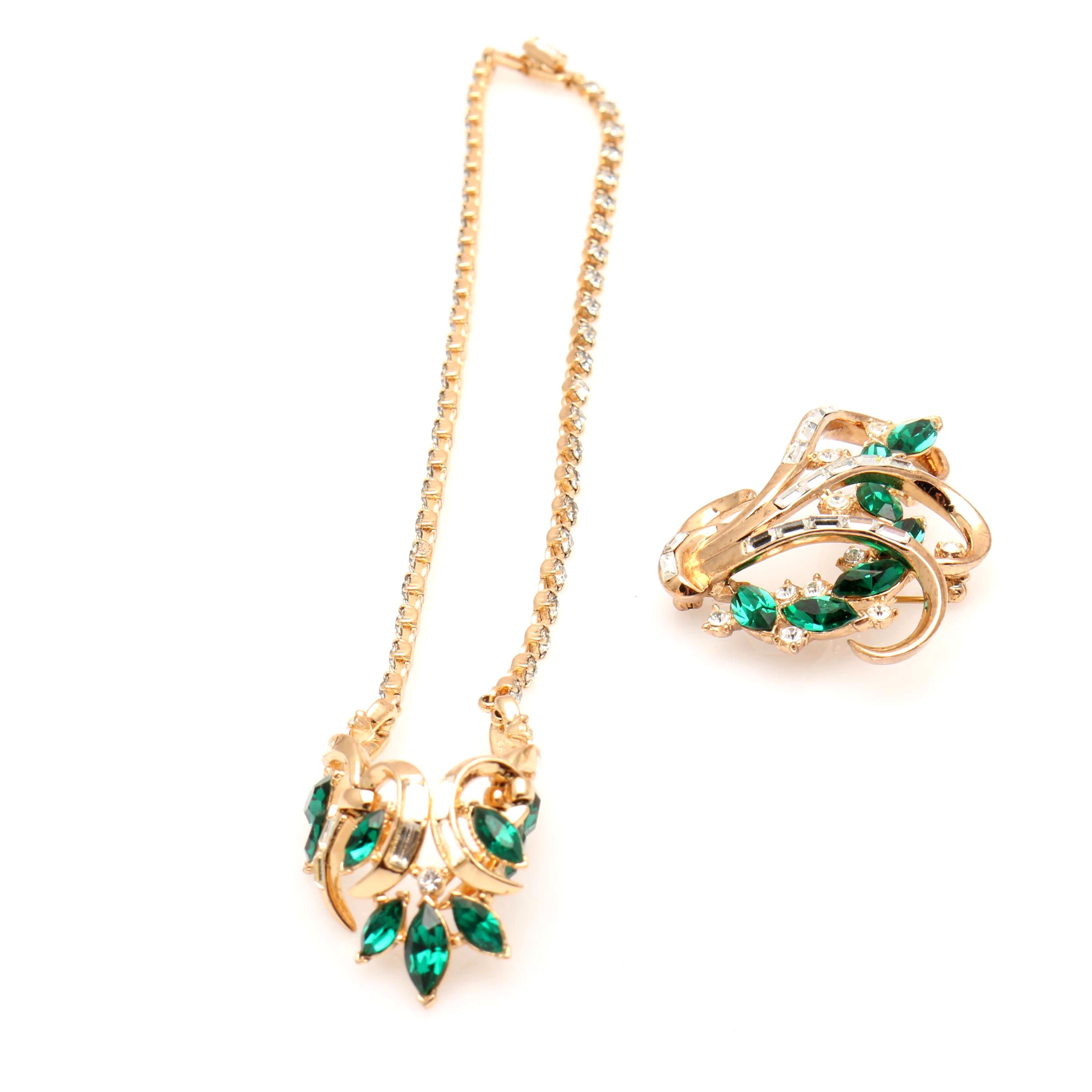 1950s Trifari Gold Tone Rhinestone Brooch and Necklace Set