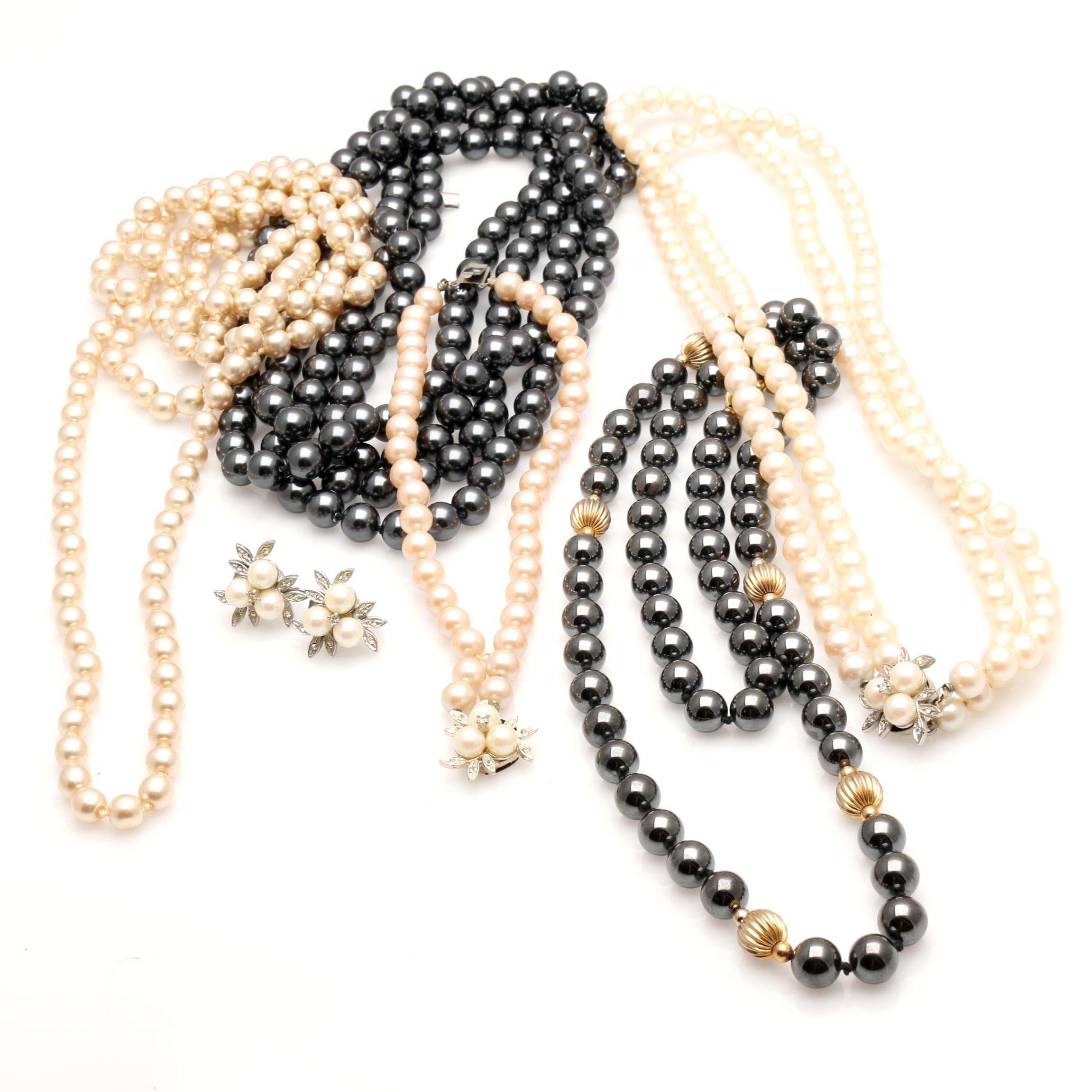 Vintage Opera Length Pearl and Bead Necklaces and Set with Earrings