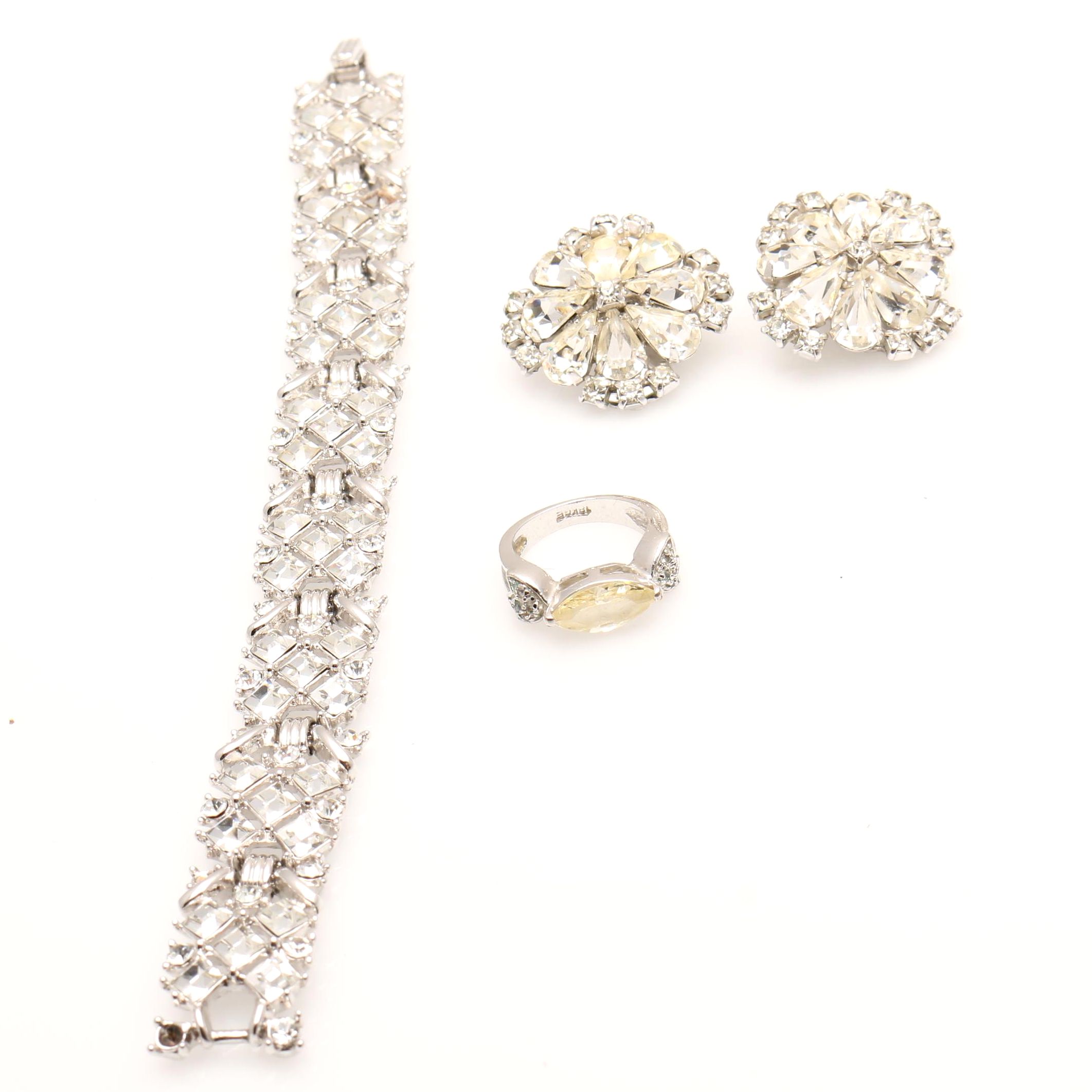 1960s Kramer Rhinestone Bracelet, Earrings, and Ring Parure