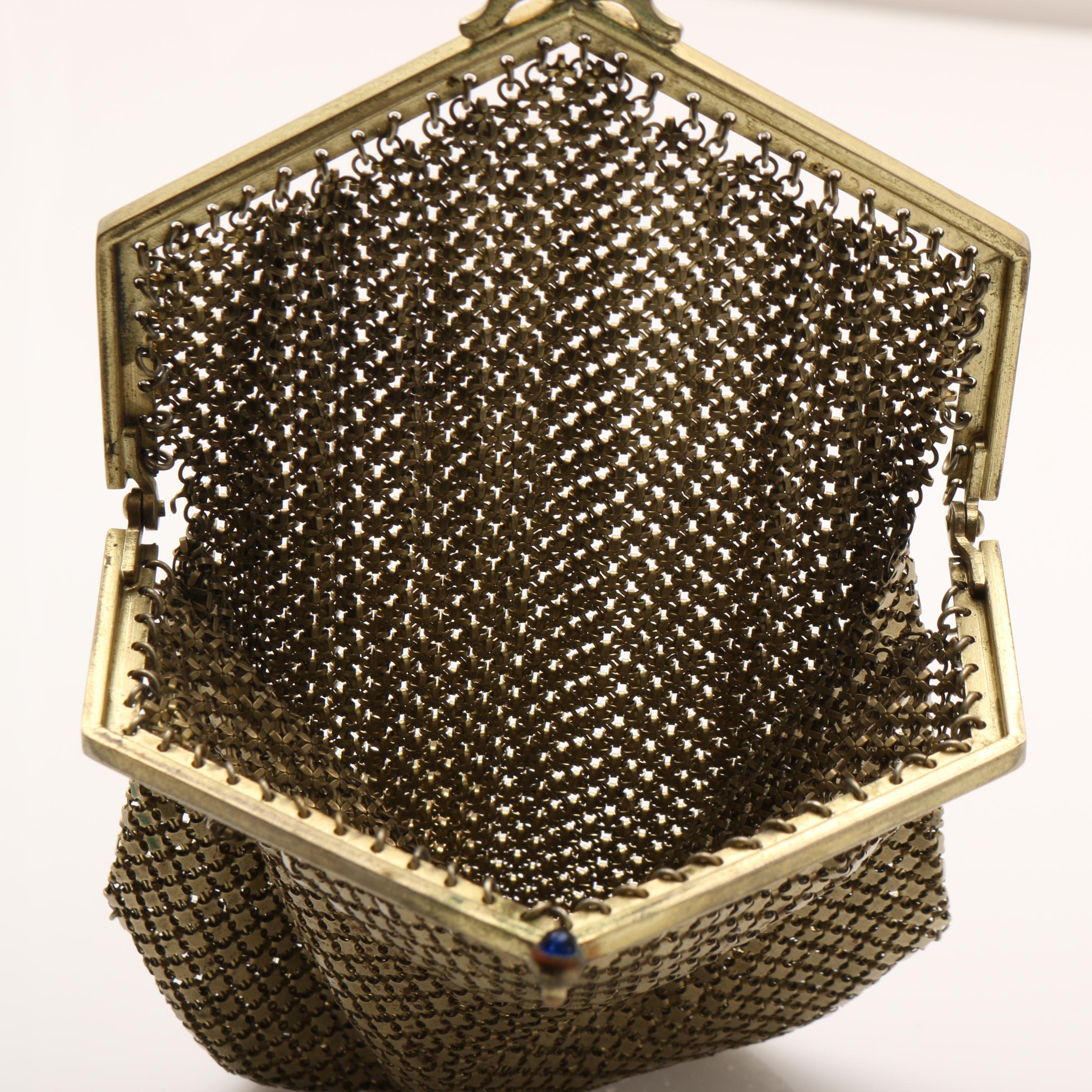 Antique Mesh Handbag with Cobalt Blue Glass Clasp Jewel