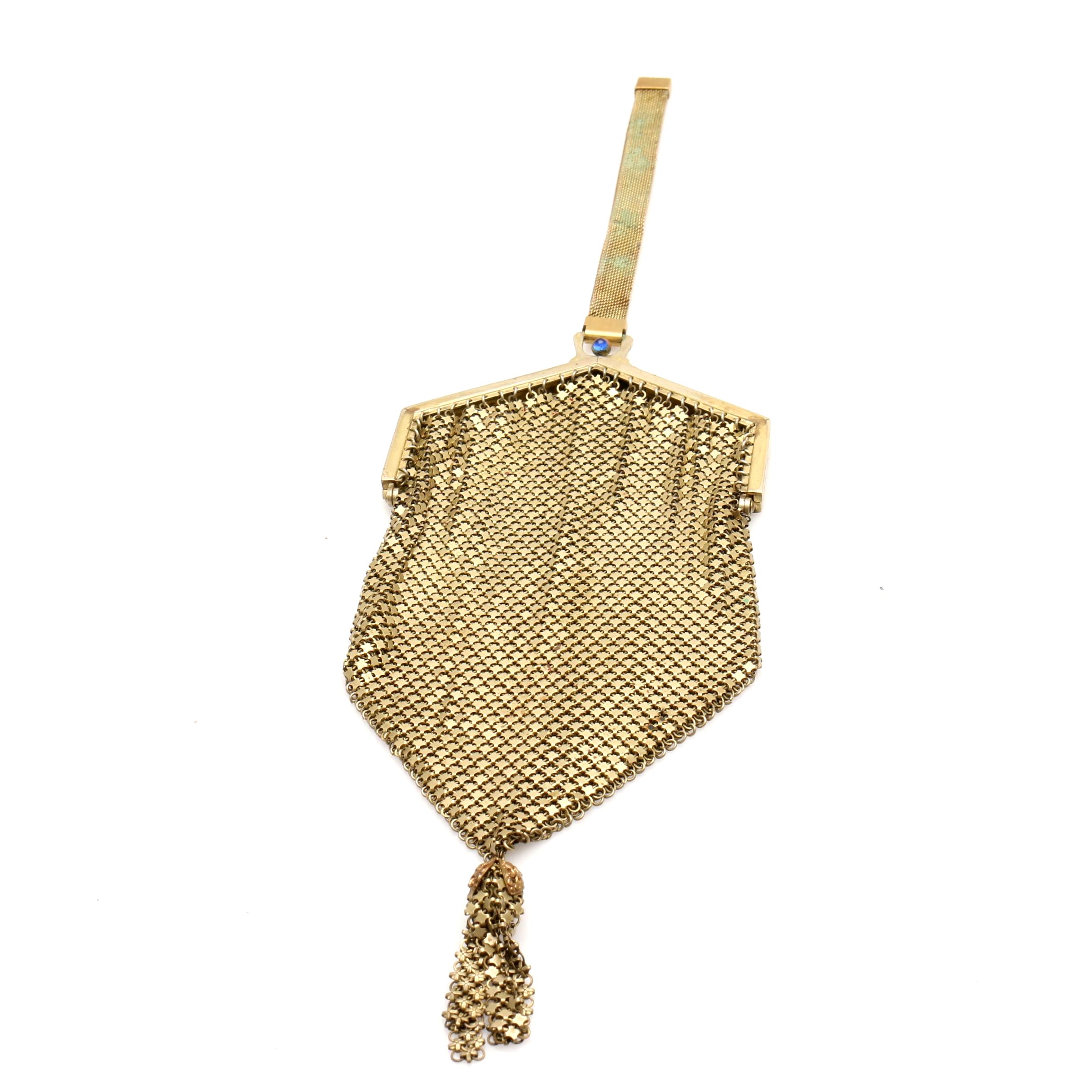 Antique Mesh Handbag with Cobalt Blue Glass Clasp Jewel