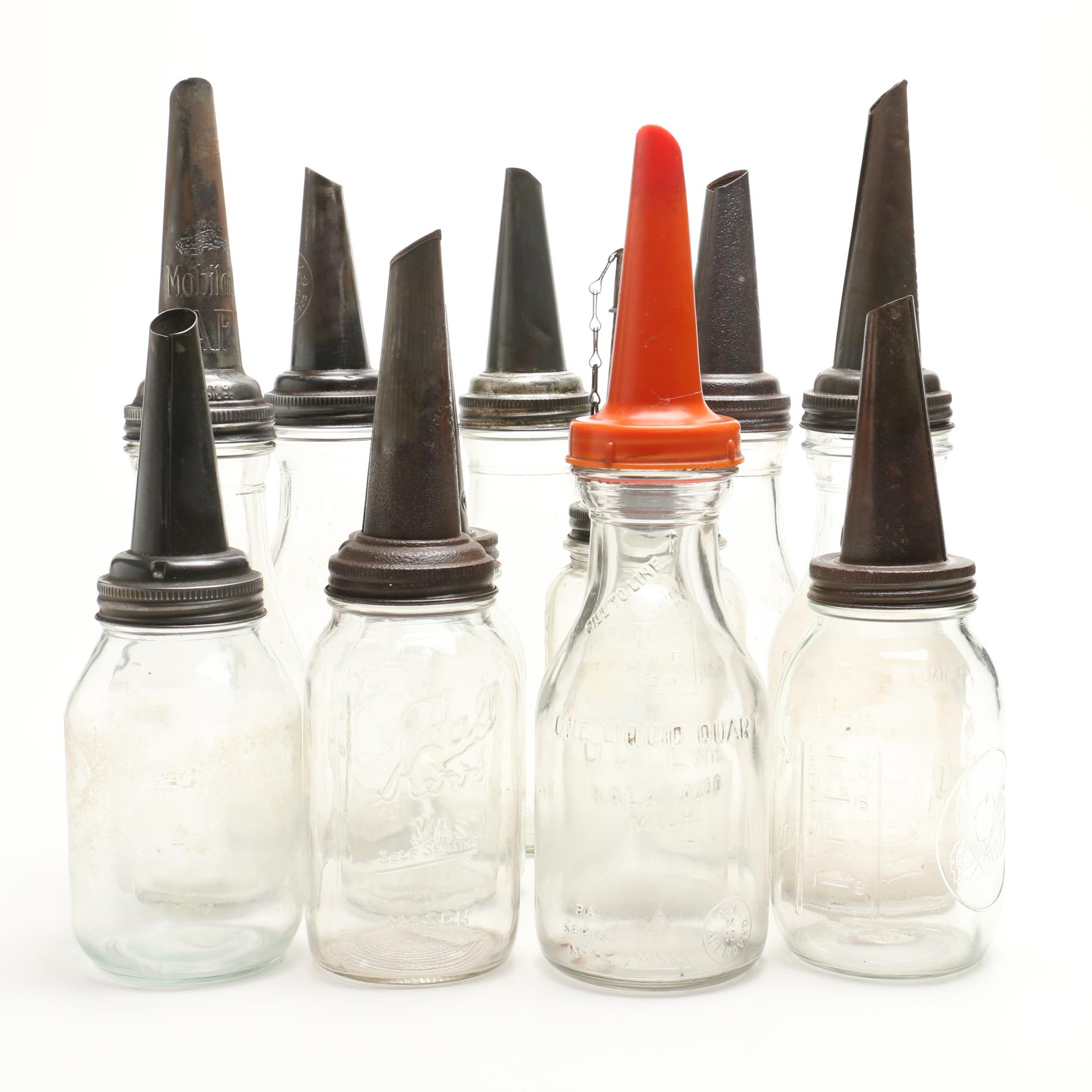 Vintage Quart Oil Bottles with Spouts Featuring Mobil Oil AF