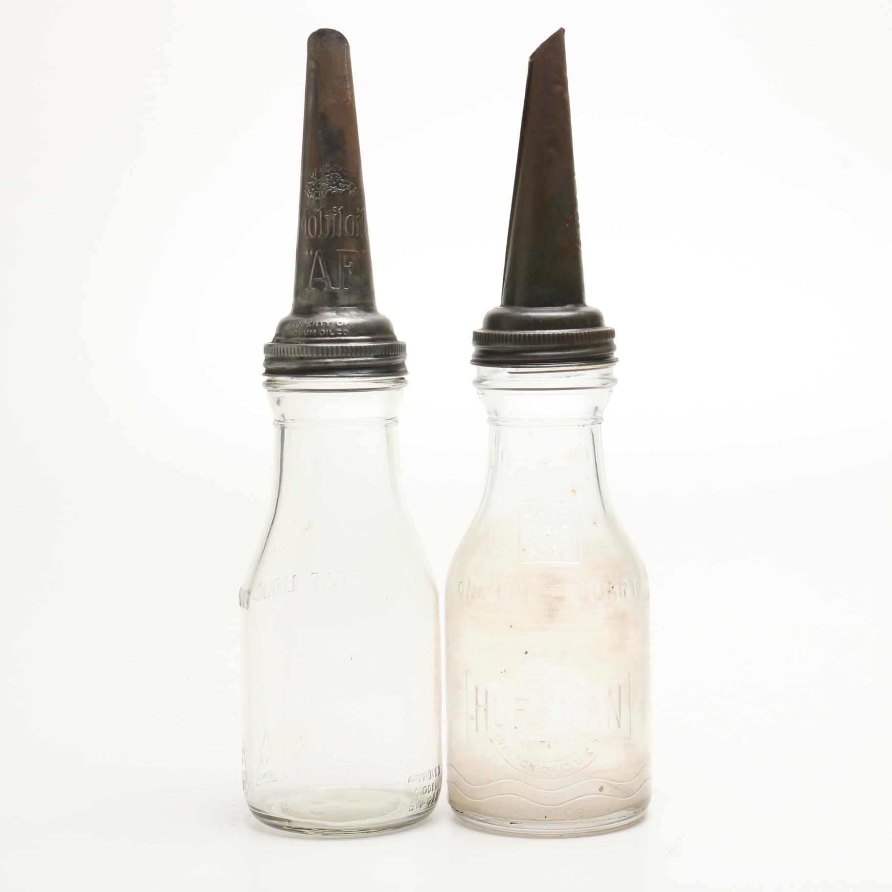 Vintage Quart Oil Bottles with Spouts Featuring Mobil Oil AF