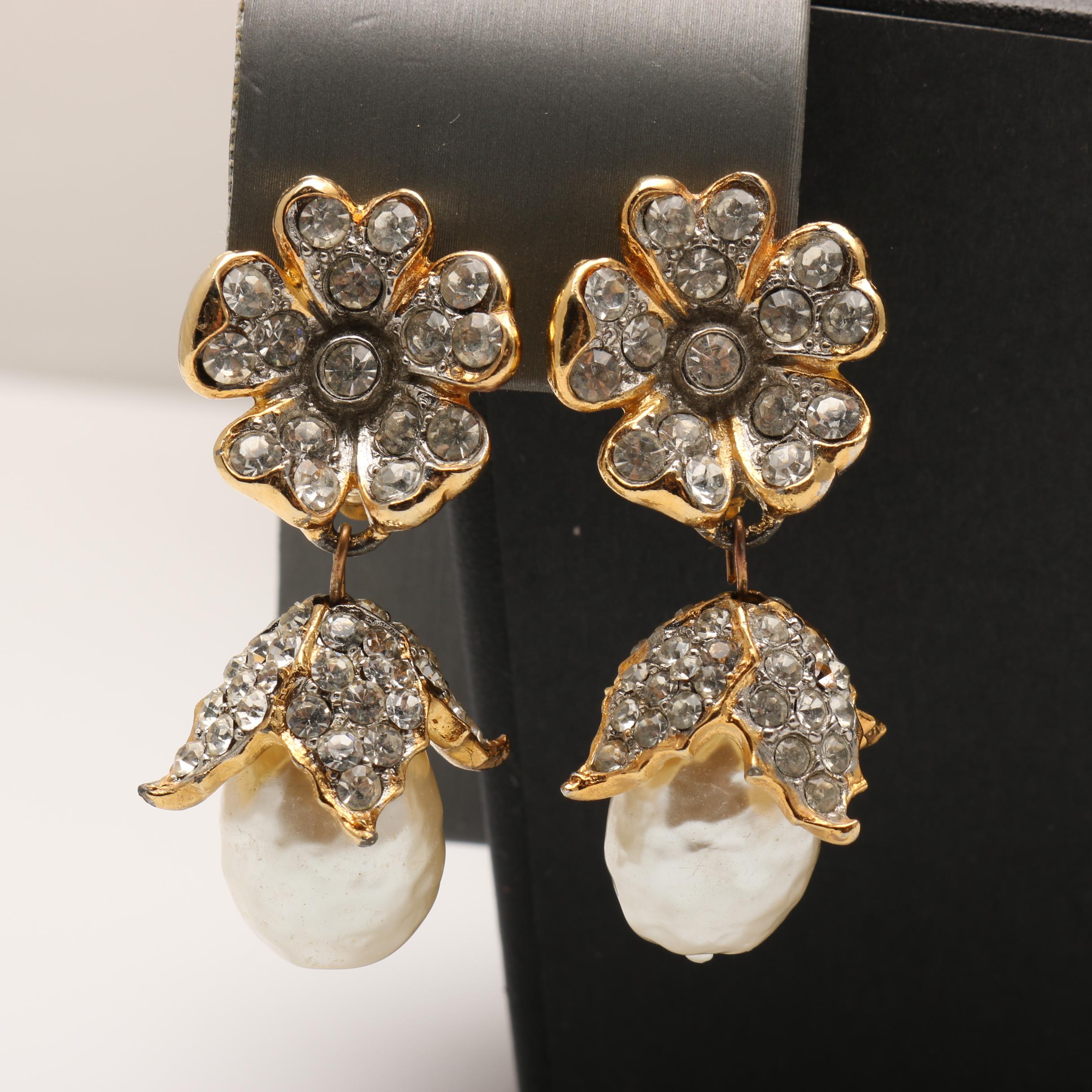 Vintage Rhinestone and Faux Pearl Earrings Including Hattie Carnegie and Prevost